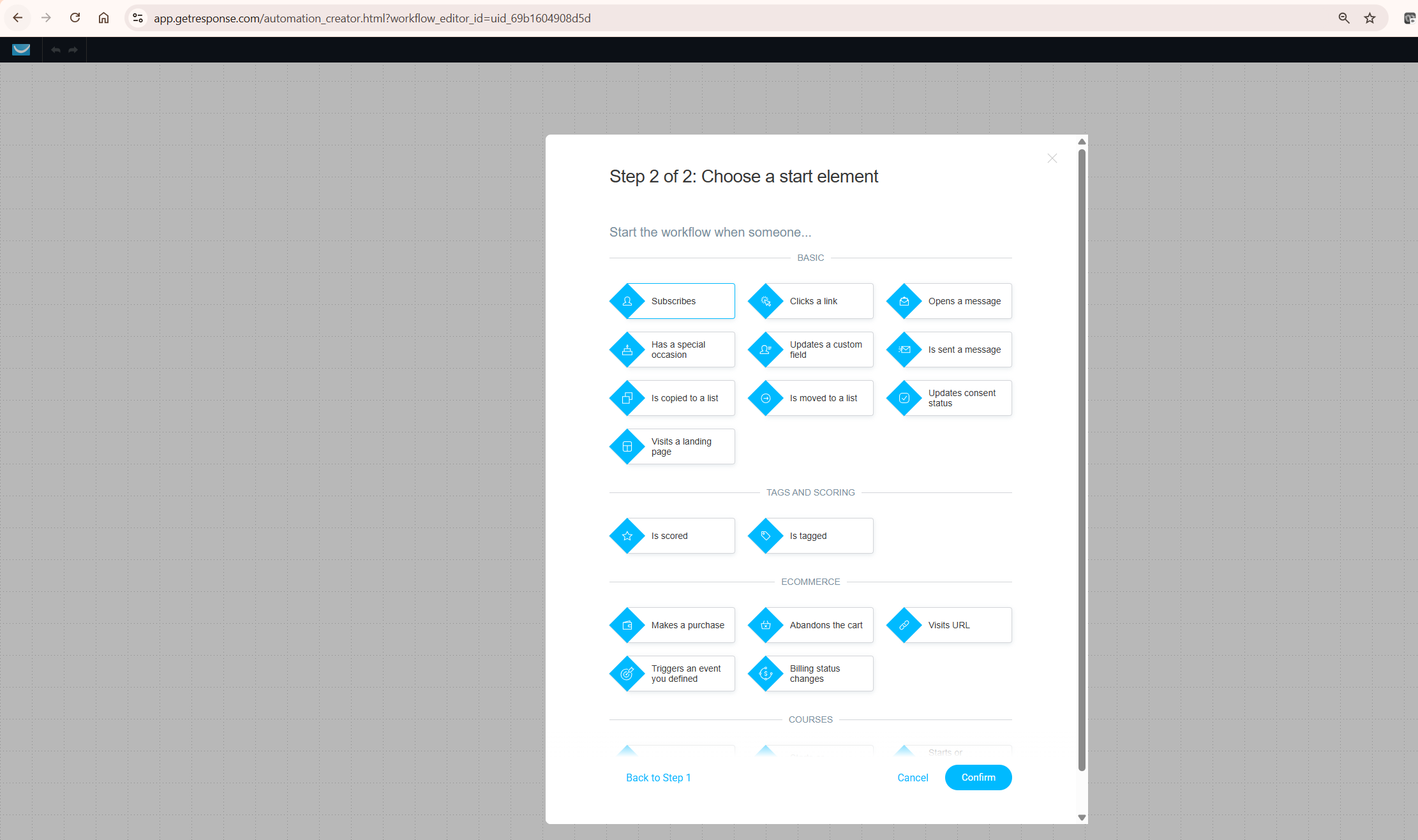GetResponse automation start trigger selection showing subscribed to list option for affiliate marketing