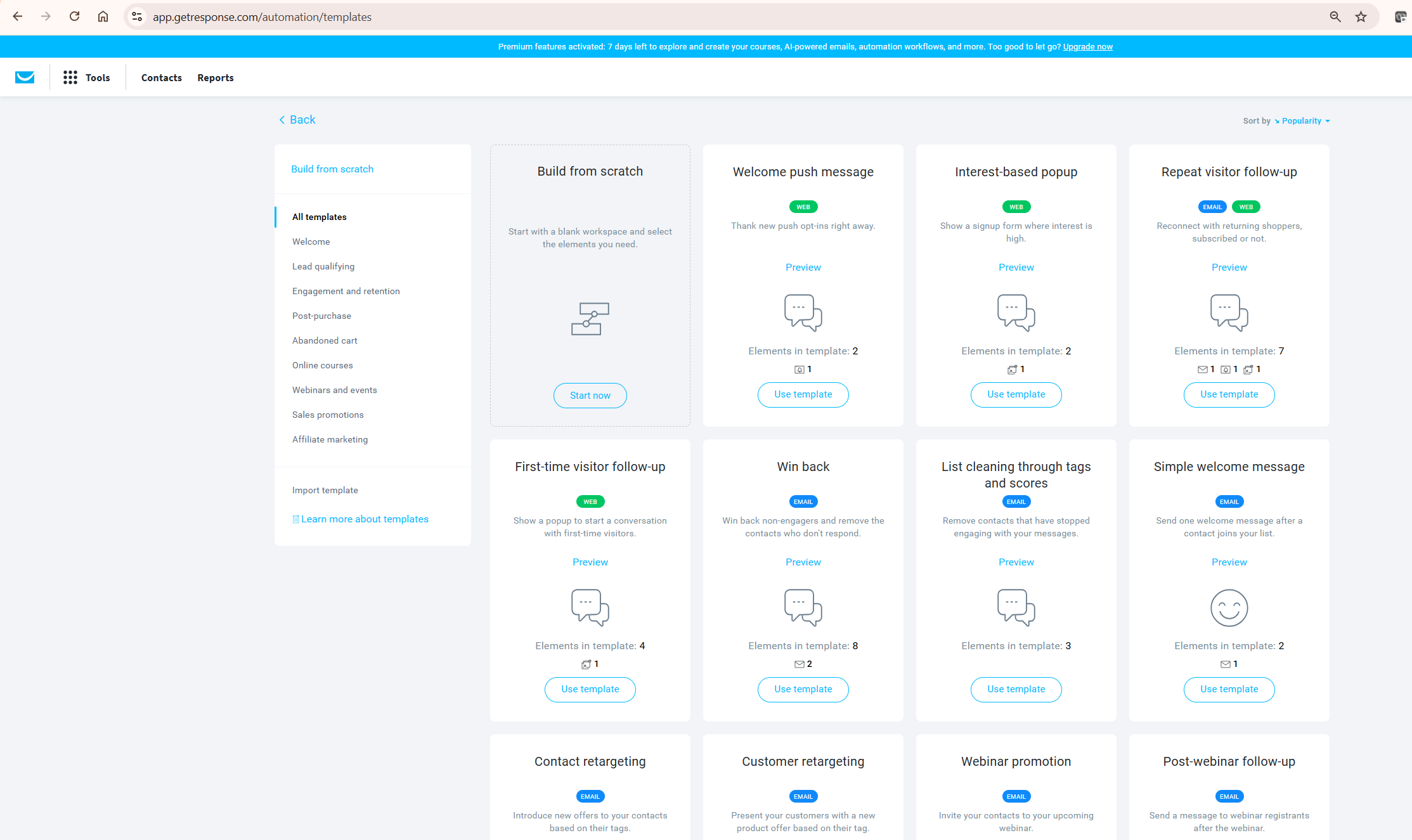 GetResponse automation templates library showing affiliate marketing workflow options