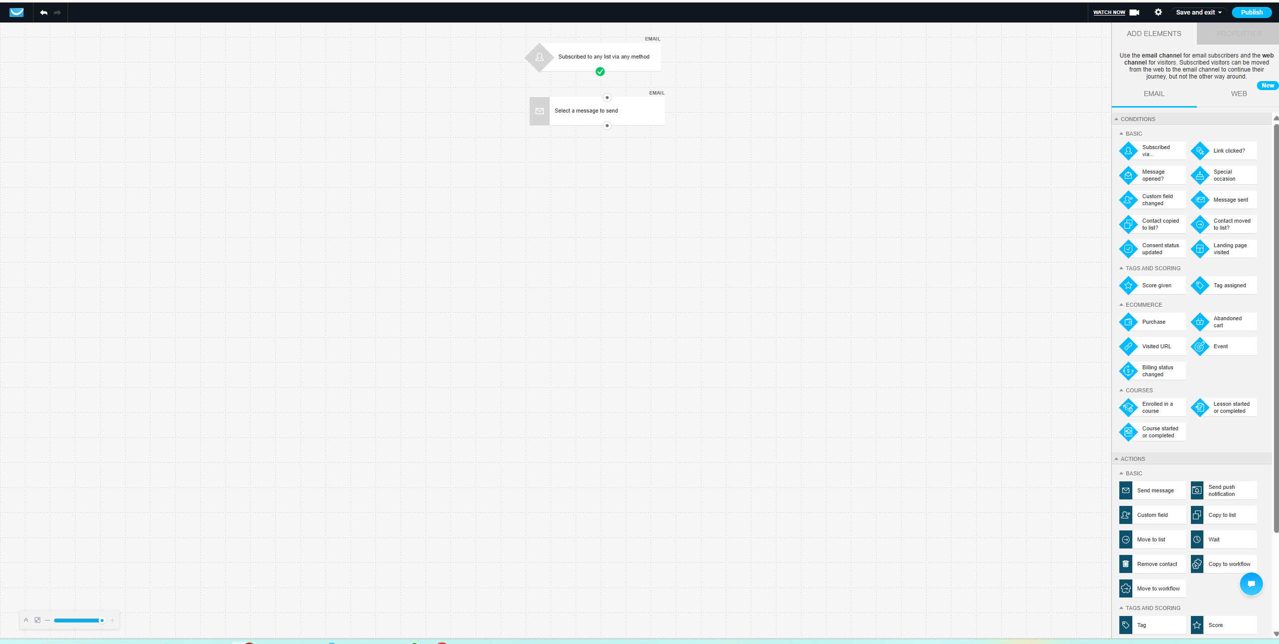 GetResponse automation workflow editor showing conditional logic and tagging available on the Marketer plan