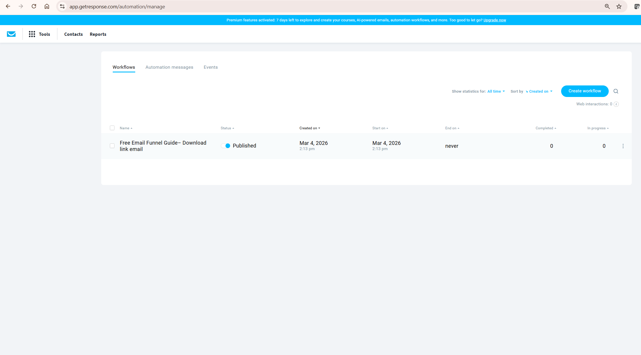 GetResponse automation workflows dashboard for affiliate marketing showing published sequences
