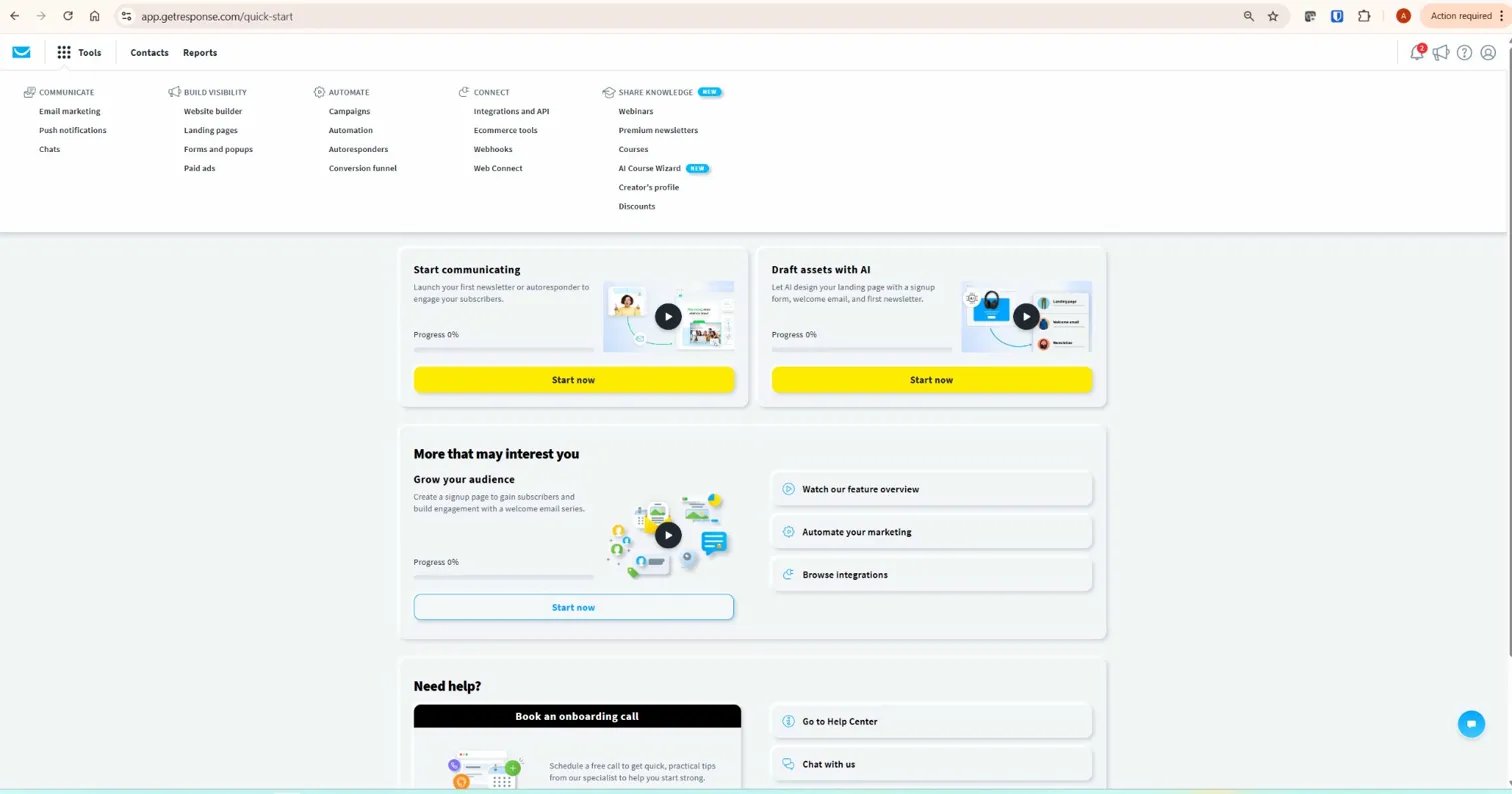 GetResponse dashboard navigation menu showing Communicate, Build Visibility, Automate, Connect and Share Knowledge sections — GetResponse review