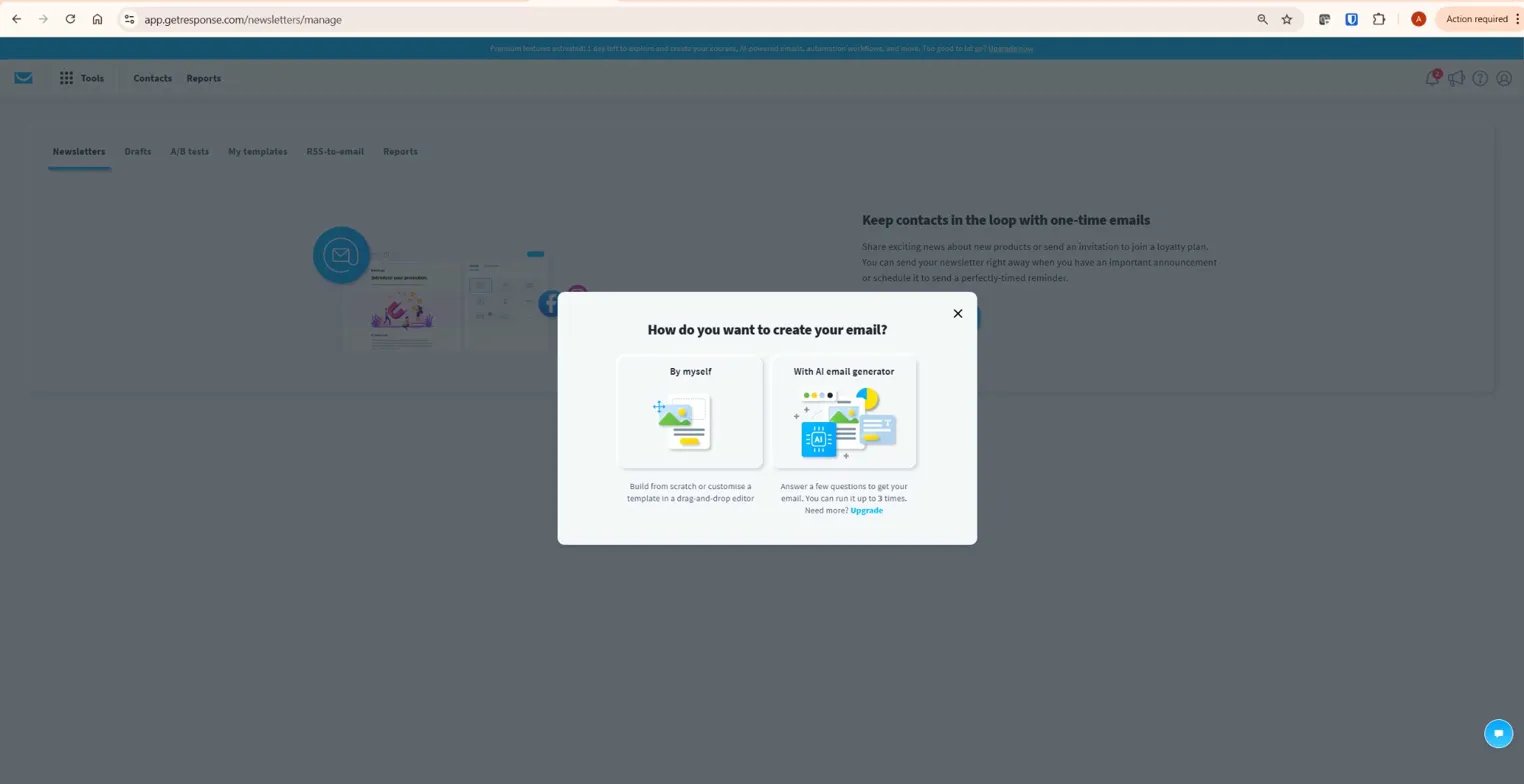 GetResponse email creation options showing By myself drag-and-drop editor and AI email generator — GetResponse review