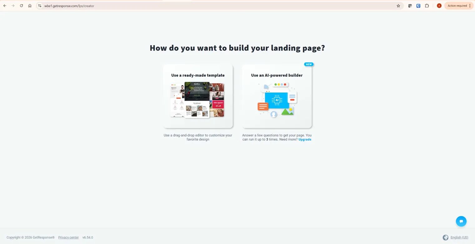 GetResponse landing page builder showing Use a ready-made template and Use an AI-powered builder options — GetResponse review