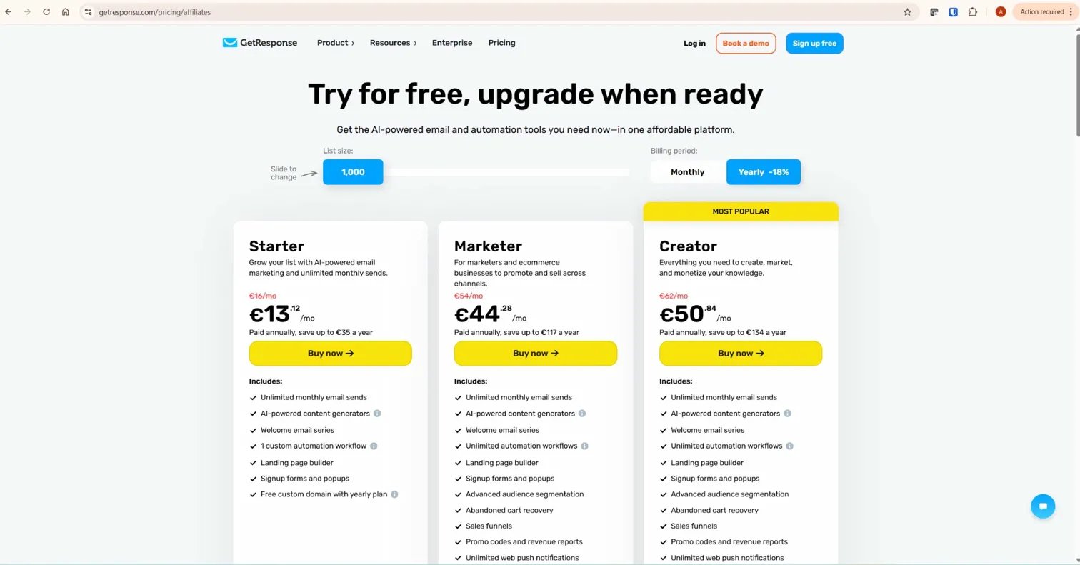 GetResponse pricing plans 2026 showing Starter, Marketer and Creator plan costs for 1000 contacts on annual billing — GetResponse review