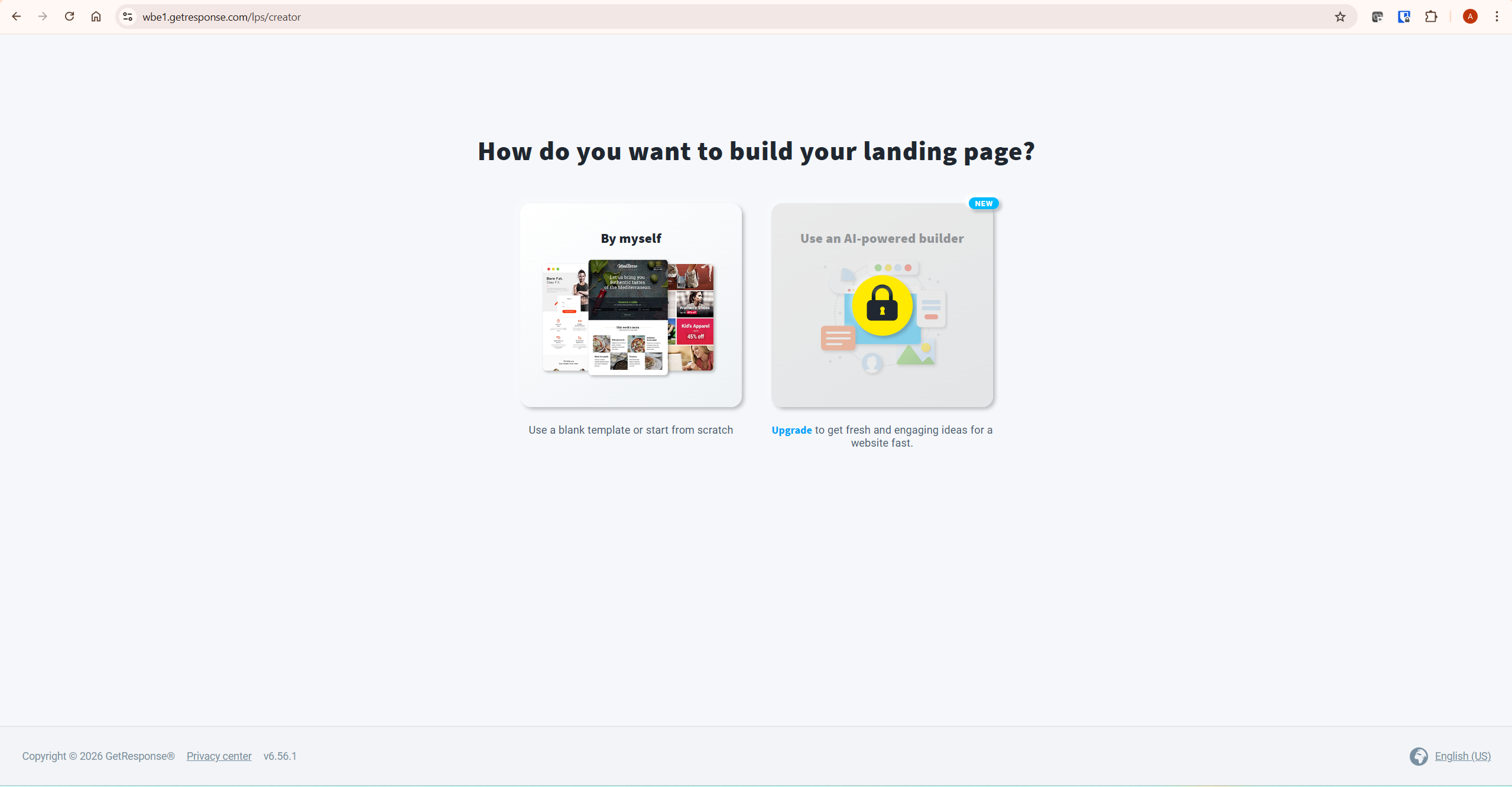 GetResponse vs ActiveCampaign landing page builder showing By myself and AI-powered builder options