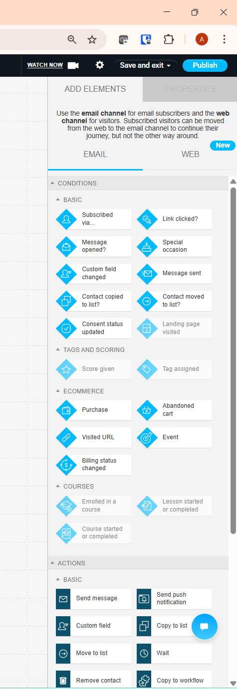 GetResponse vs ActiveCampaign automation conditions panel showing Basic Tags Ecommerce and Courses trigger options
