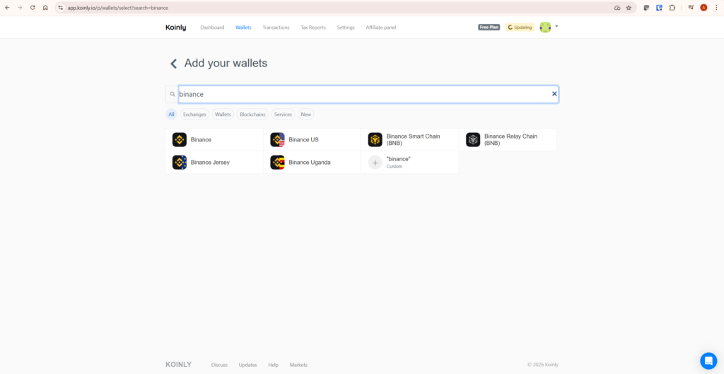 how to connect binance to koinly using api wallet selection screen
