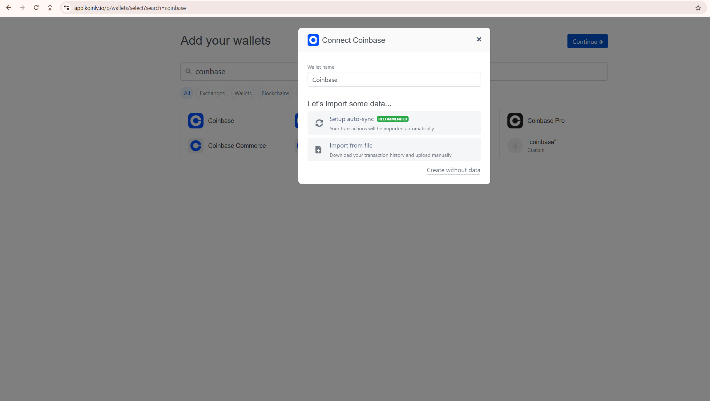 how to import coinbase transactions into koinly oauth api setup