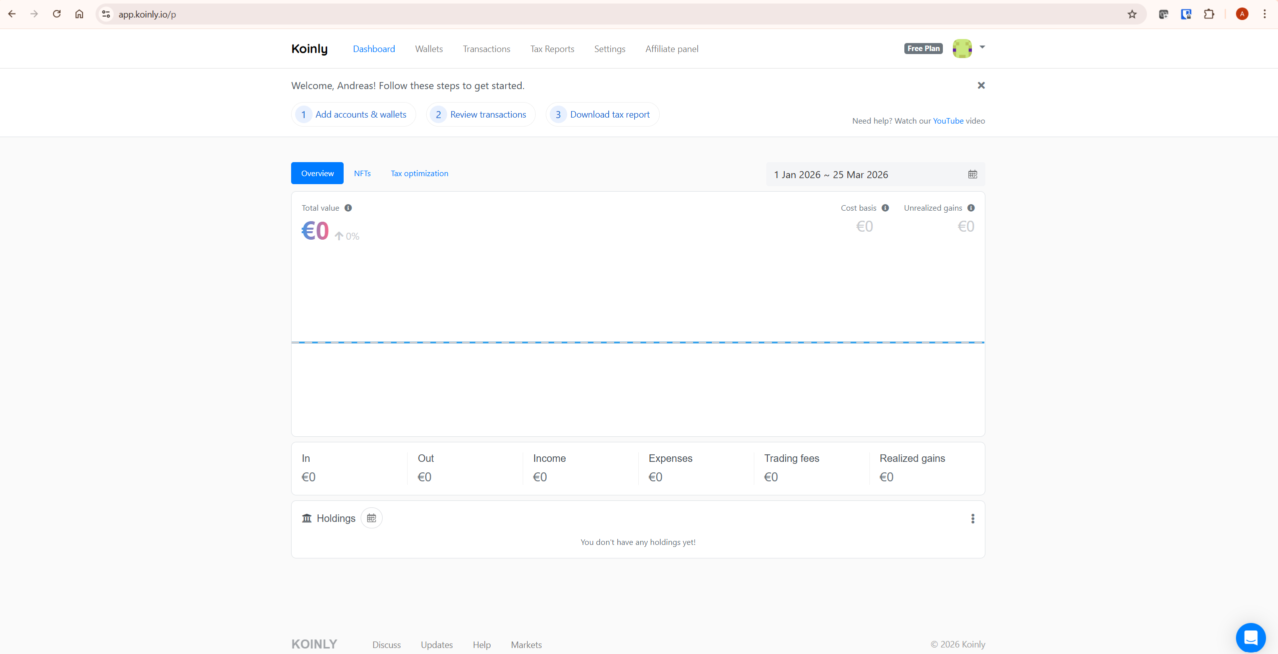 Koinly dashboard showing portfolio overview with cost basis, unrealised gains and tax optimization tab