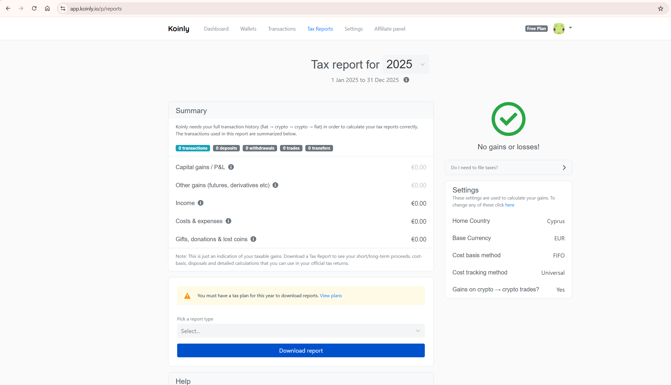 Koinly tax reports page showing capital gains summary available before purchasing with a Koinly promo code