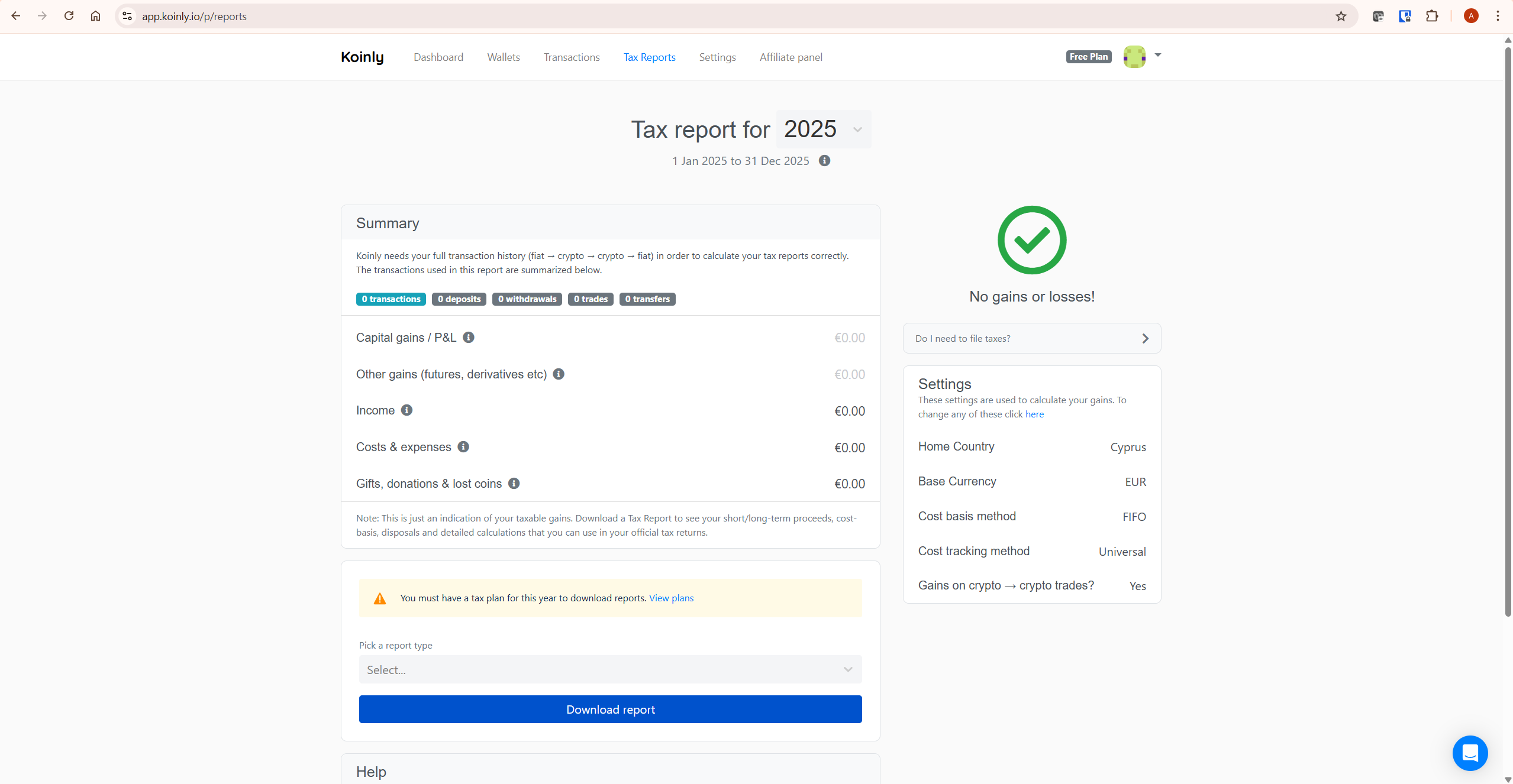 Koinly tax reports page showing capital gains summary and settings panel for how to import Koinly into TurboTax