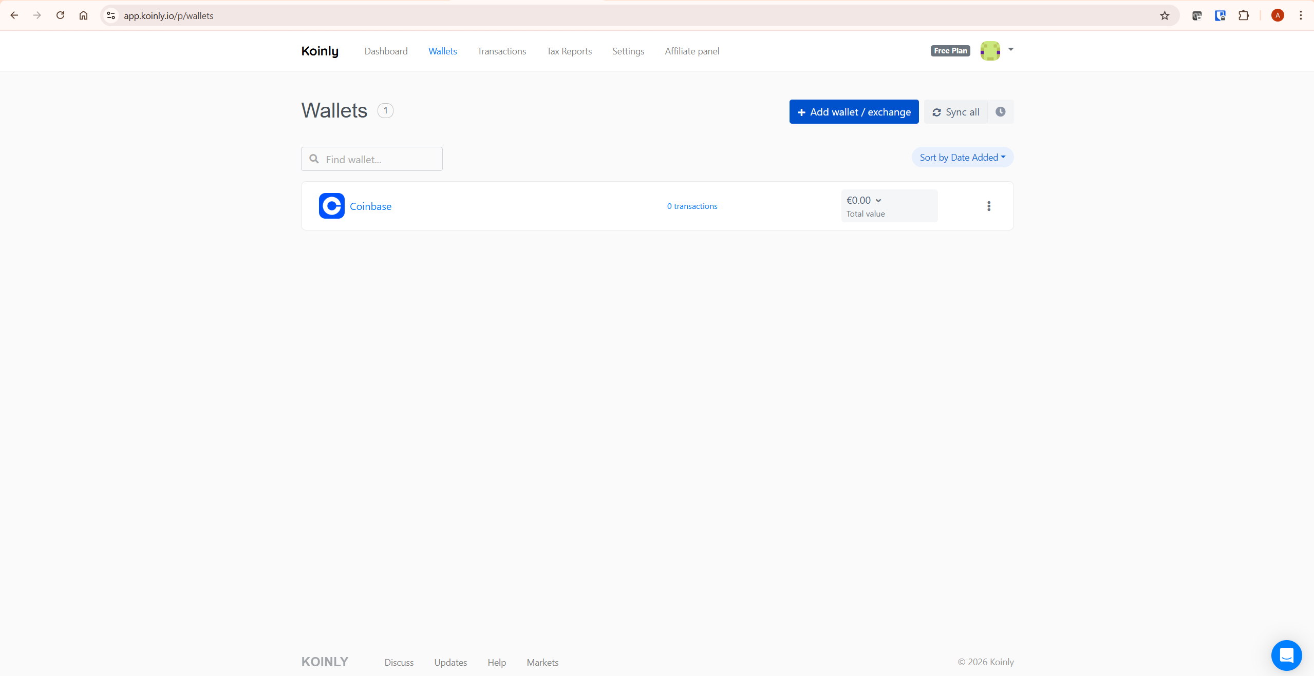 Koinly wallets page showing connected exchanges required before importing Koinly into TurboTax