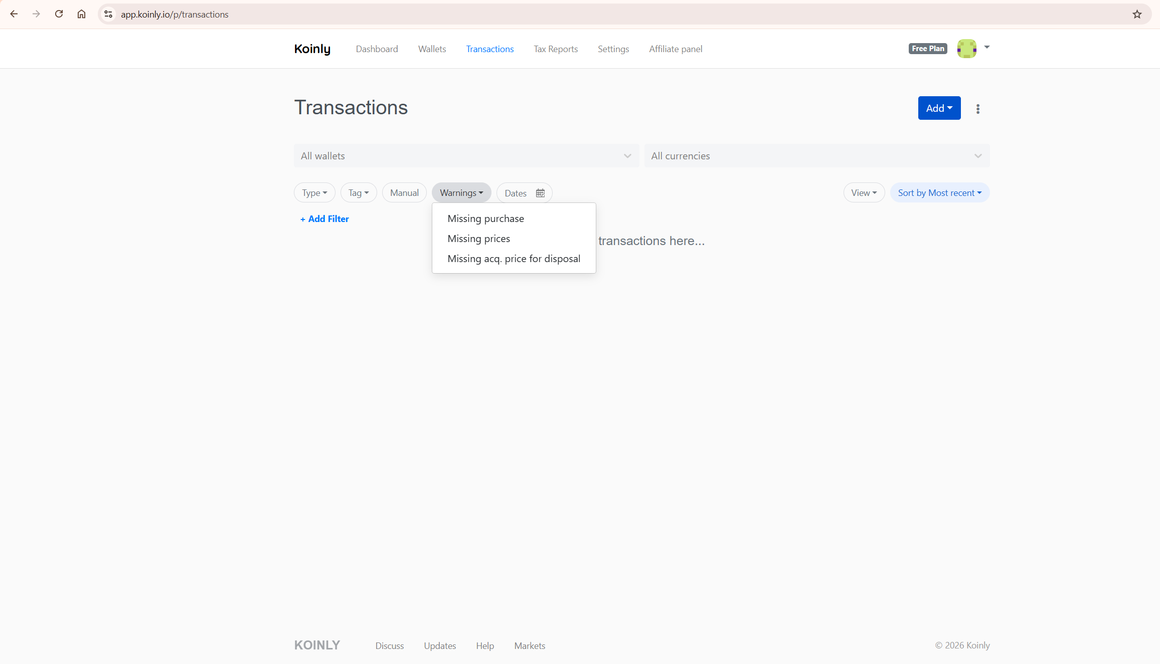koinly showing wrong gains warnings filter missing cost basis
