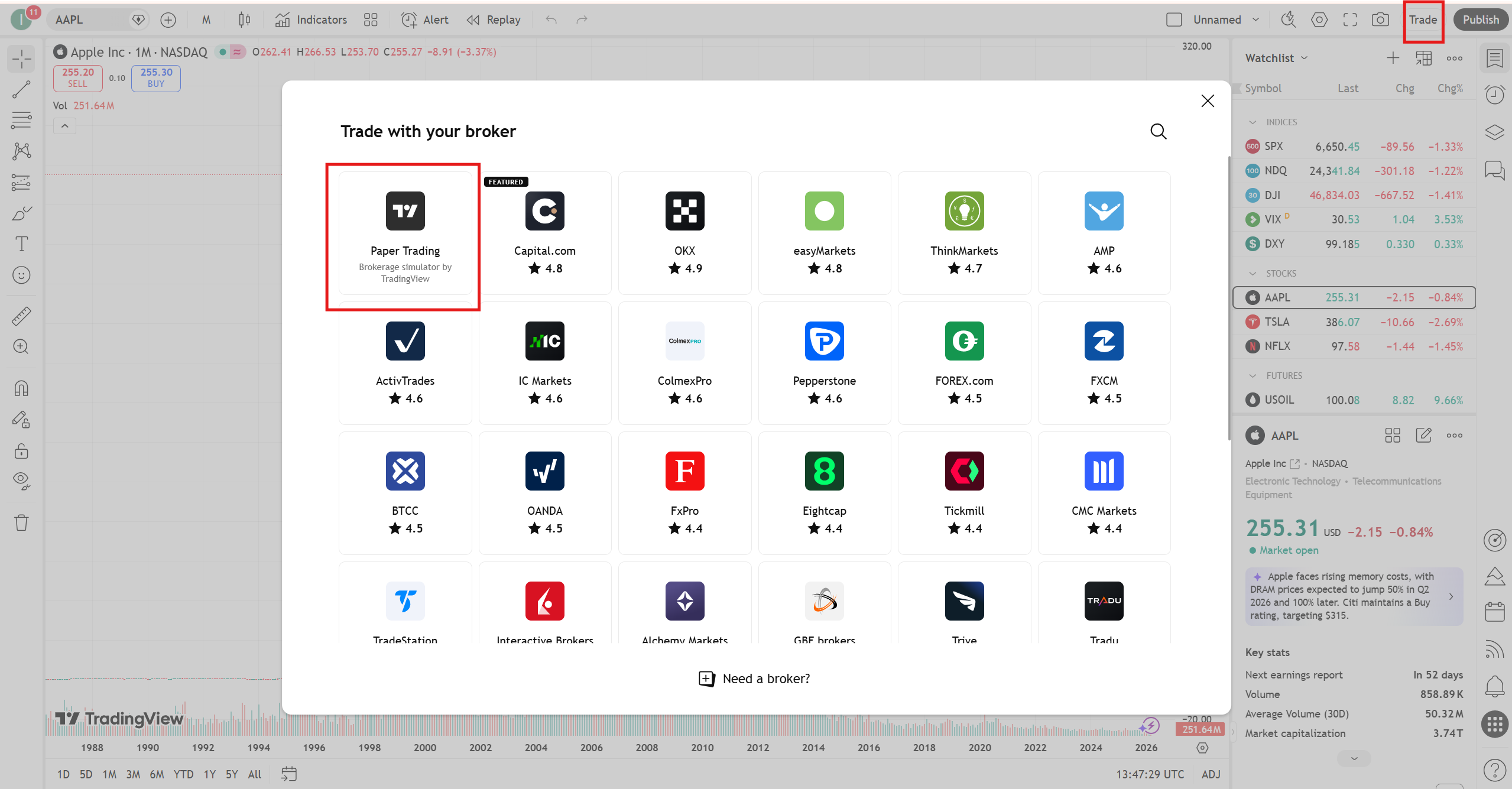 how to use tradingview paper trading broker selection panel