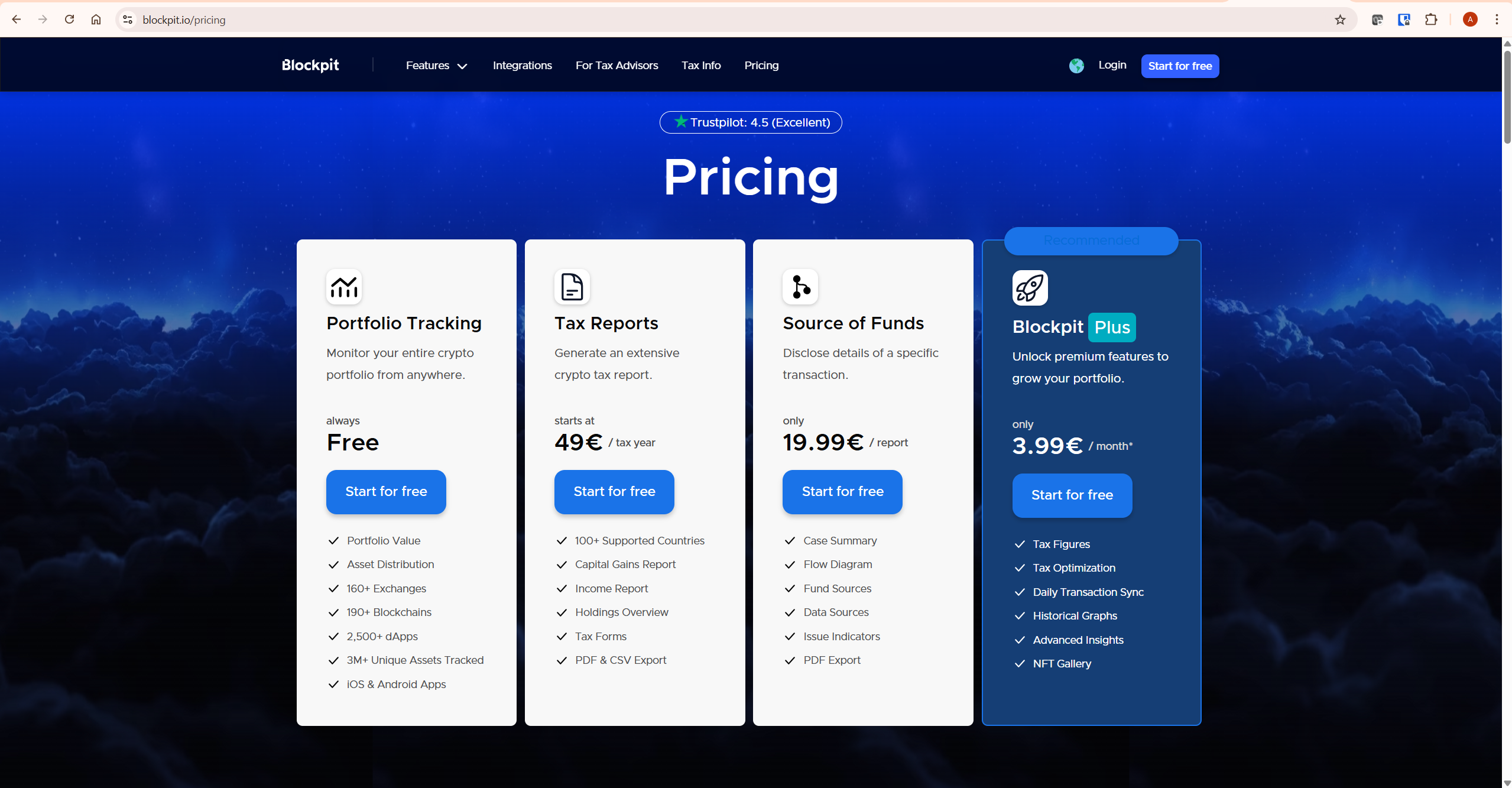 Blockpit pricing plans showing Tax Reports, Source of Funds and Blockpit Plus subscription costs for Koinly vs Blockpit comparison