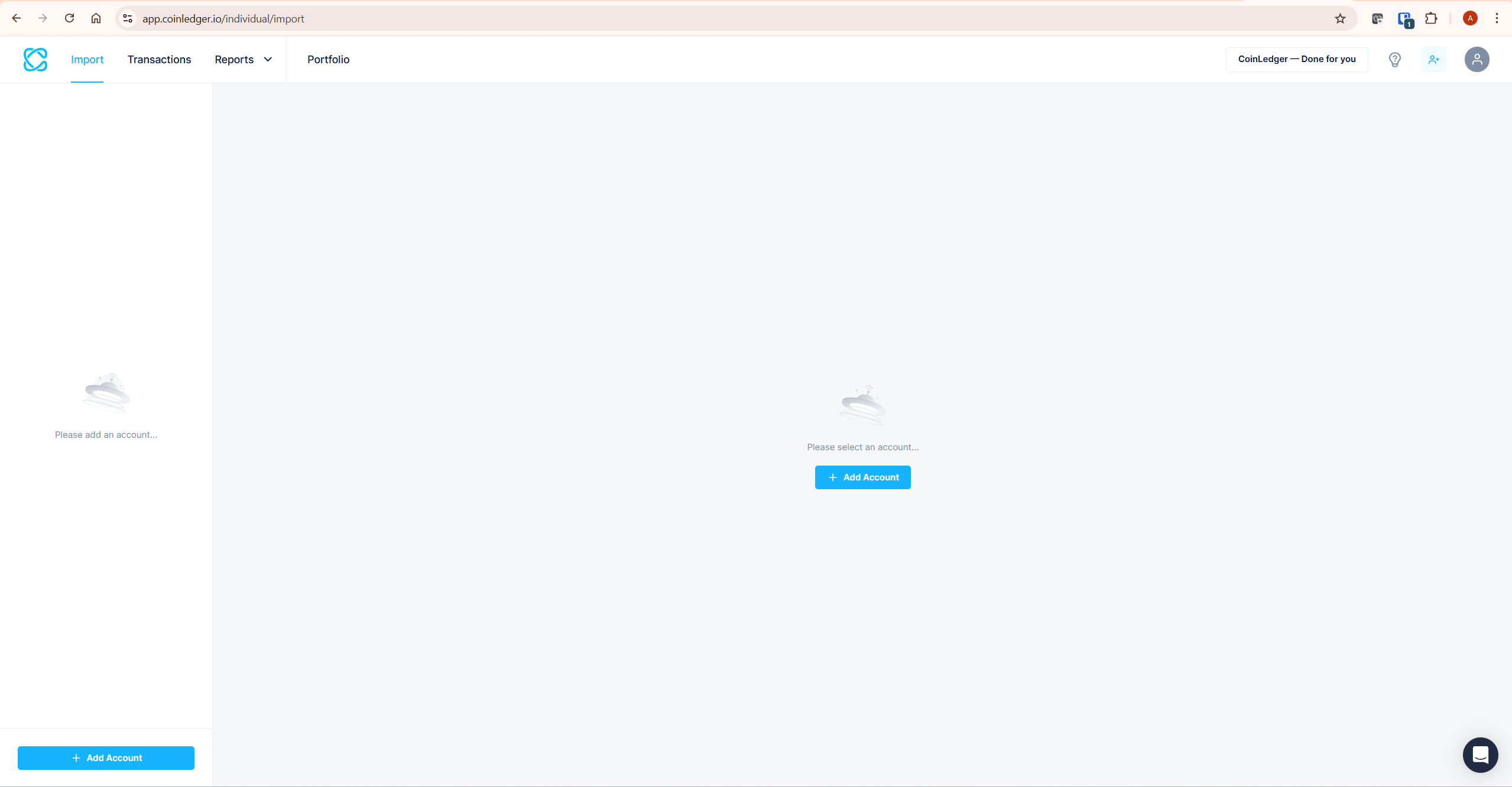 CoinLedger dashboard interface showing import, transactions, reports and portfolio tabs for Koinly vs CoinLedger comparison