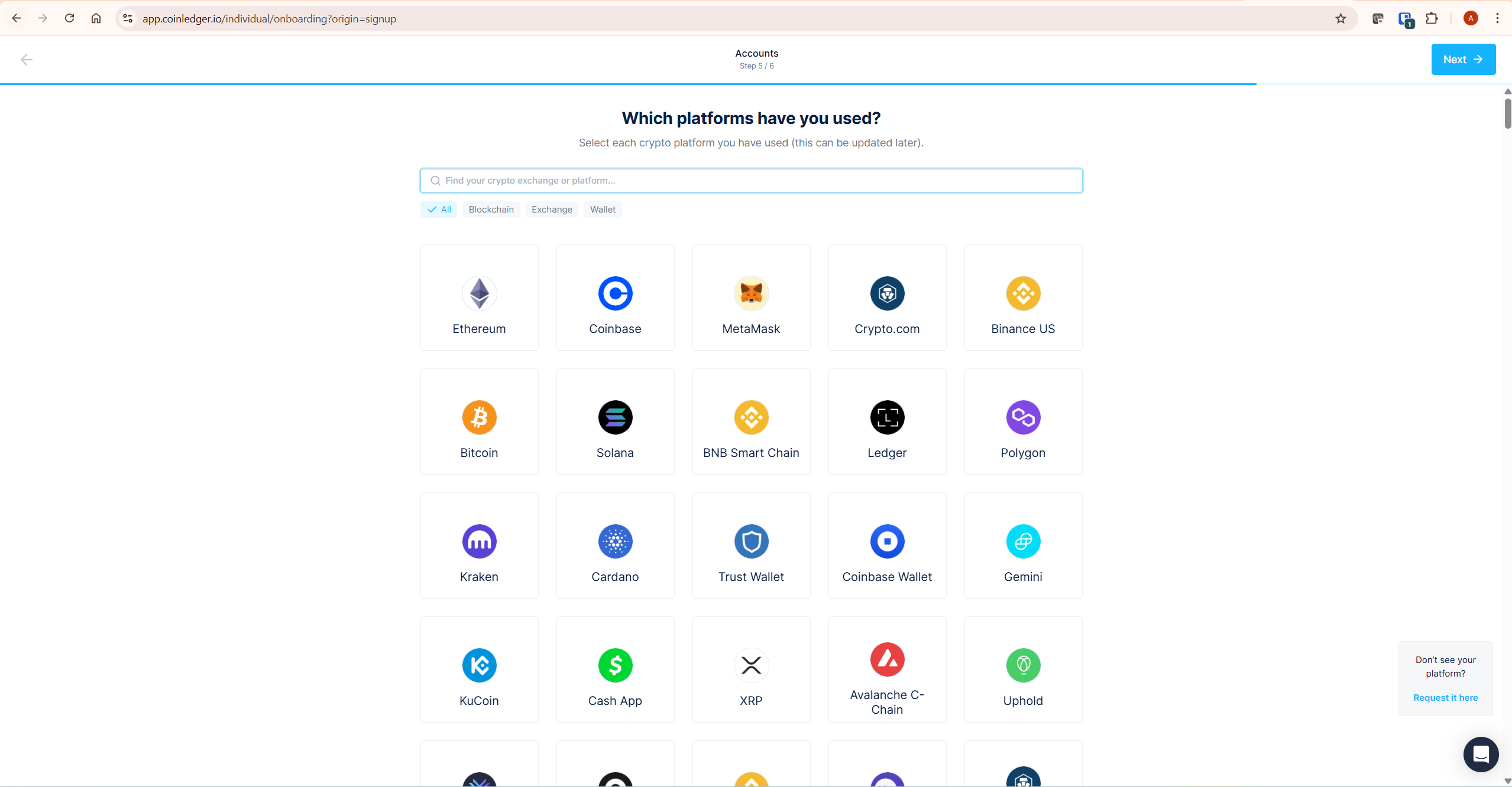 CoinLedger exchange and wallet import screen showing supported platforms for Koinly vs CoinLedger comparison