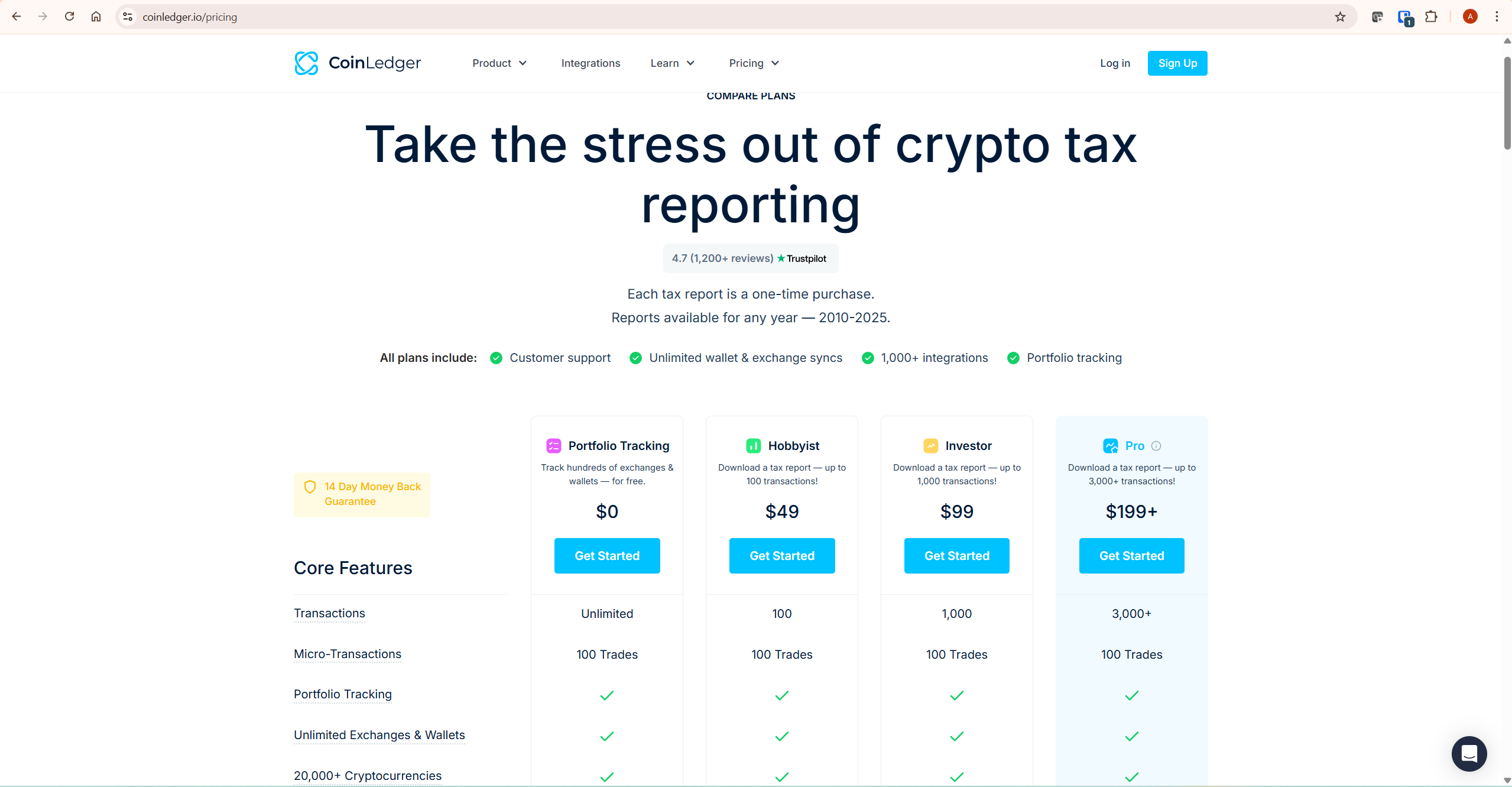 CoinLedger pricing plans comparison showing Hobbyist, Investor and Pro plan costs for Koinly vs CoinLedger decision