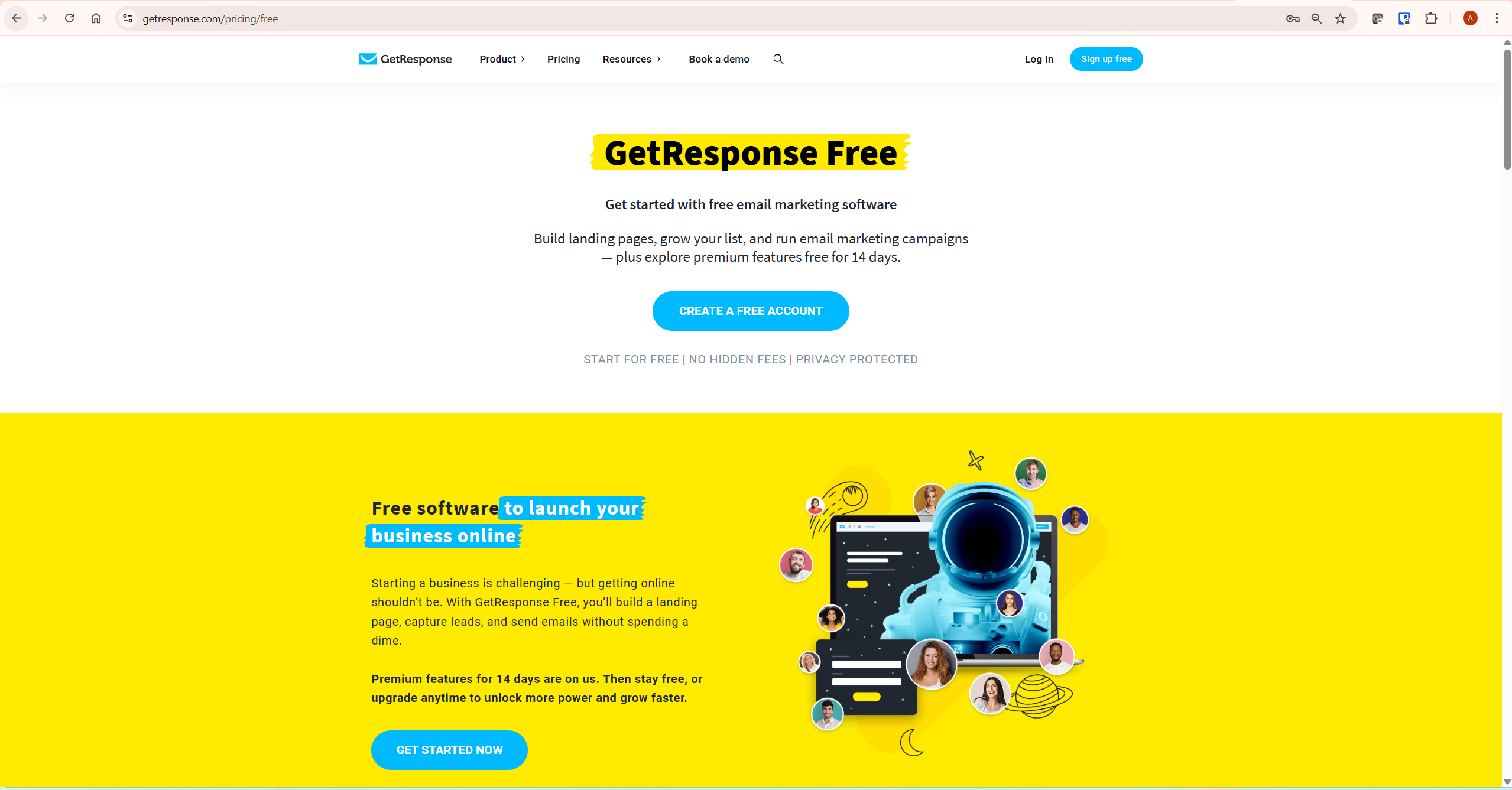 GetResponse free plan signup page showing Create a Free Account button with no credit card required and no expiry date — getresponse free plan