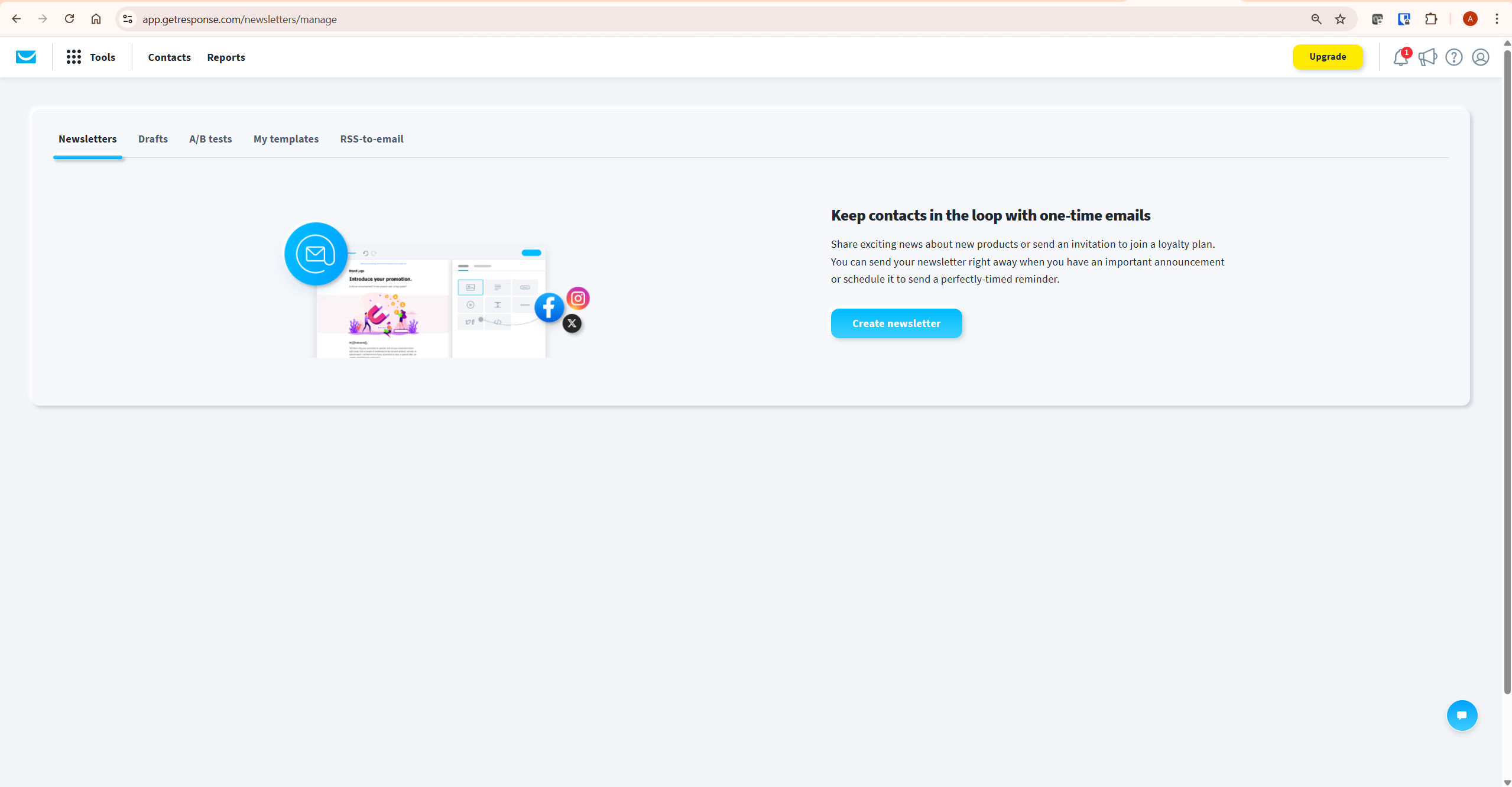 GetResponse free plan email marketing newsletters screen showing Create newsletter button and Drafts A/B tests My templates tabs — getresponse free plan