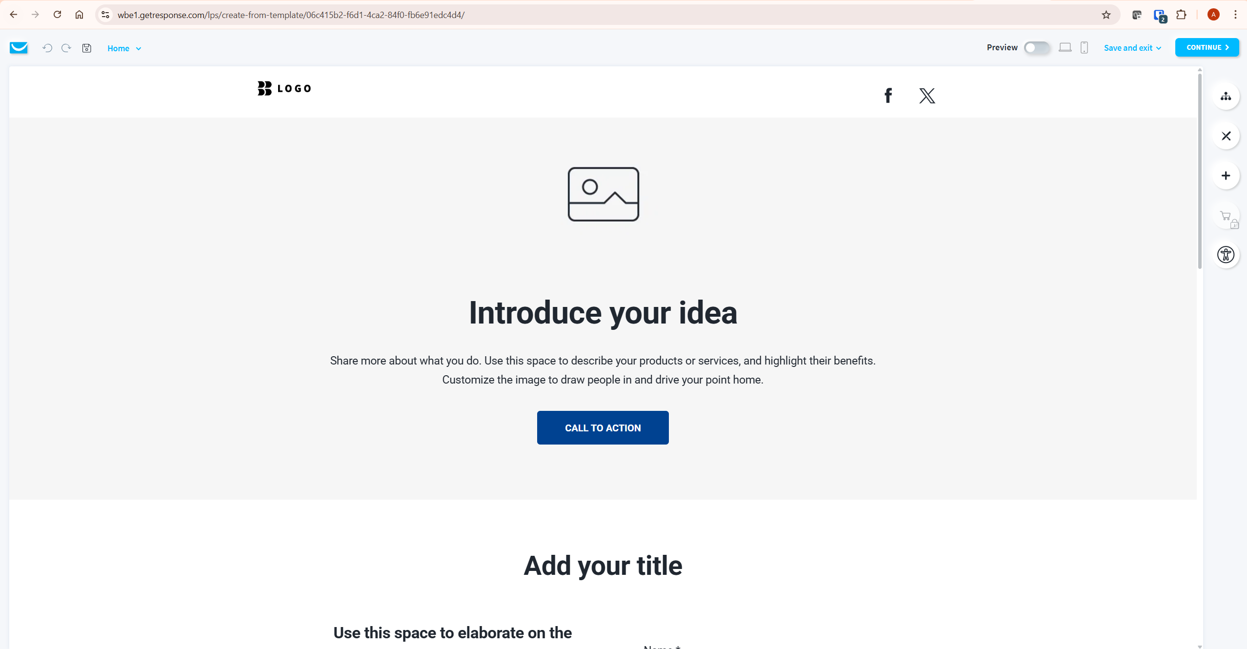 GetResponse landing page builder editor canvas showing drag and drop template with headline CTA and form — how to use getresponse landing pages