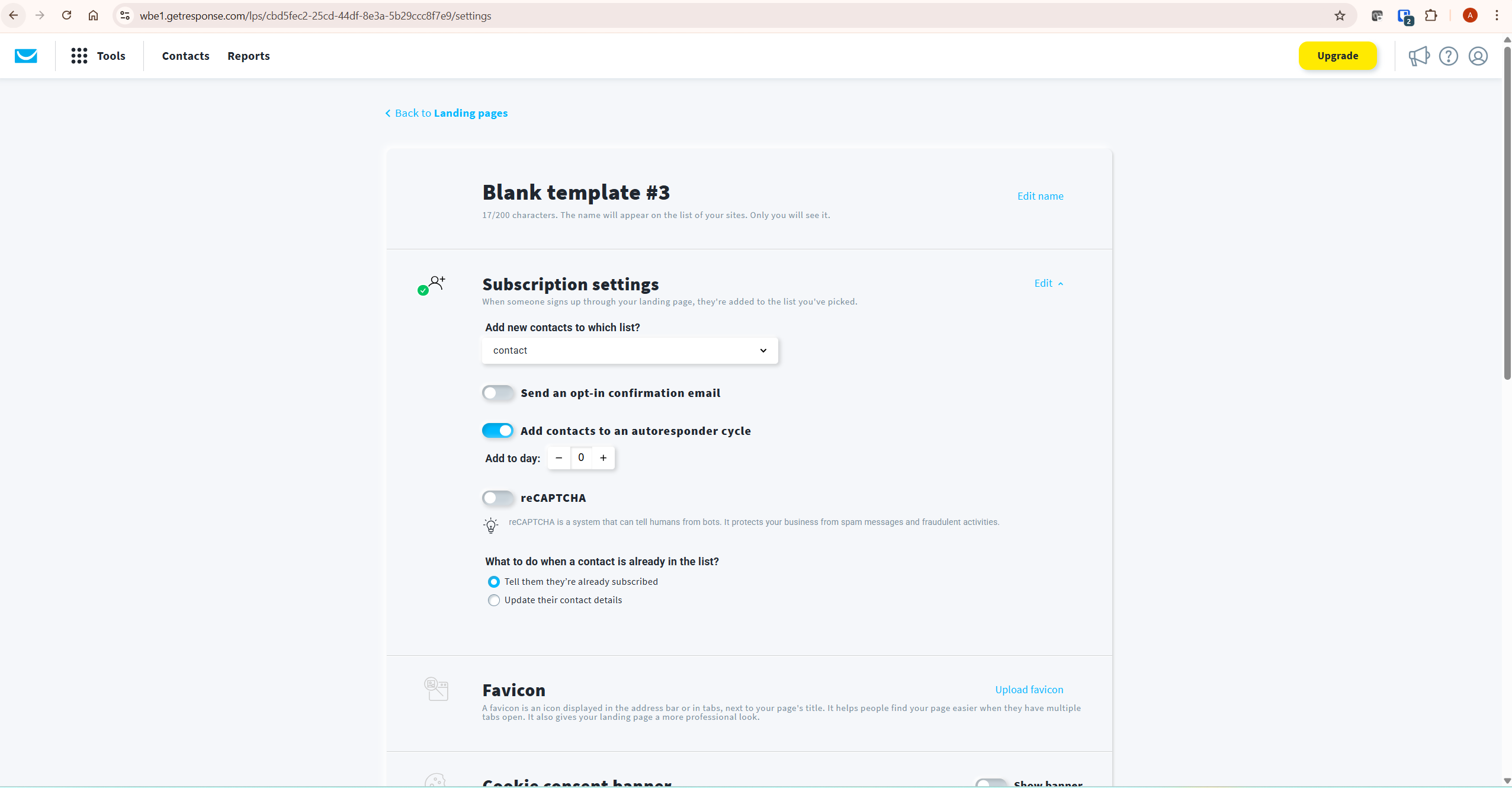 GetResponse landing page subscription settings screen showing list selection autoresponder cycle and opt-in confirmation options — getresponse landing page