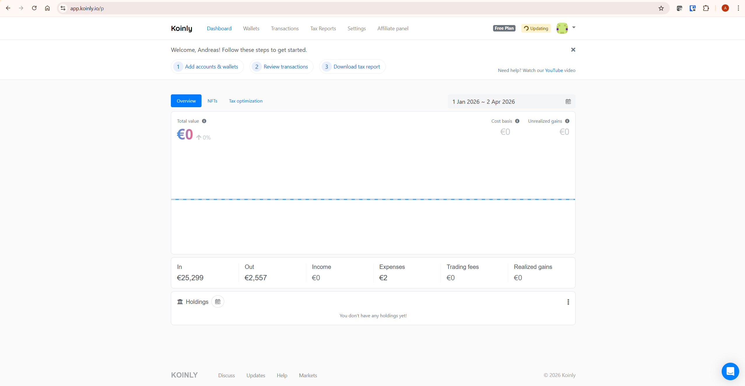 Koinly dashboard overview showing portfolio value, cost basis and unrealised gains for is Koinly worth it evaluation
