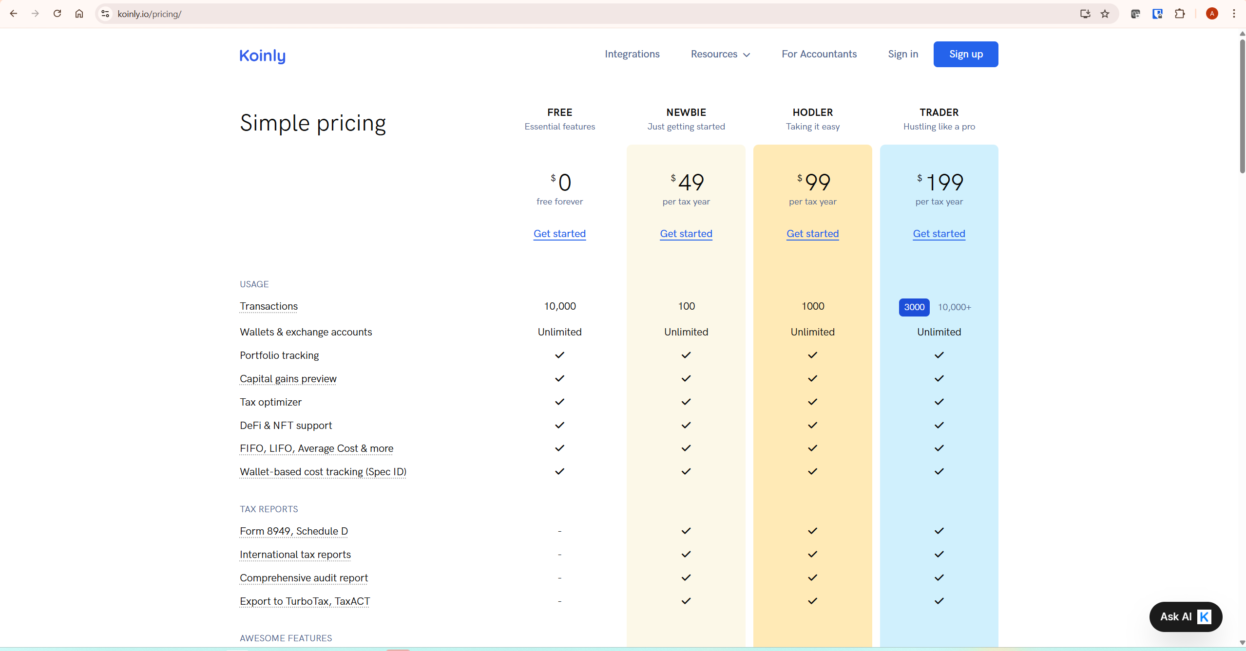 Koinly pricing plans showing which plan is needed to import Koinly into TurboTax