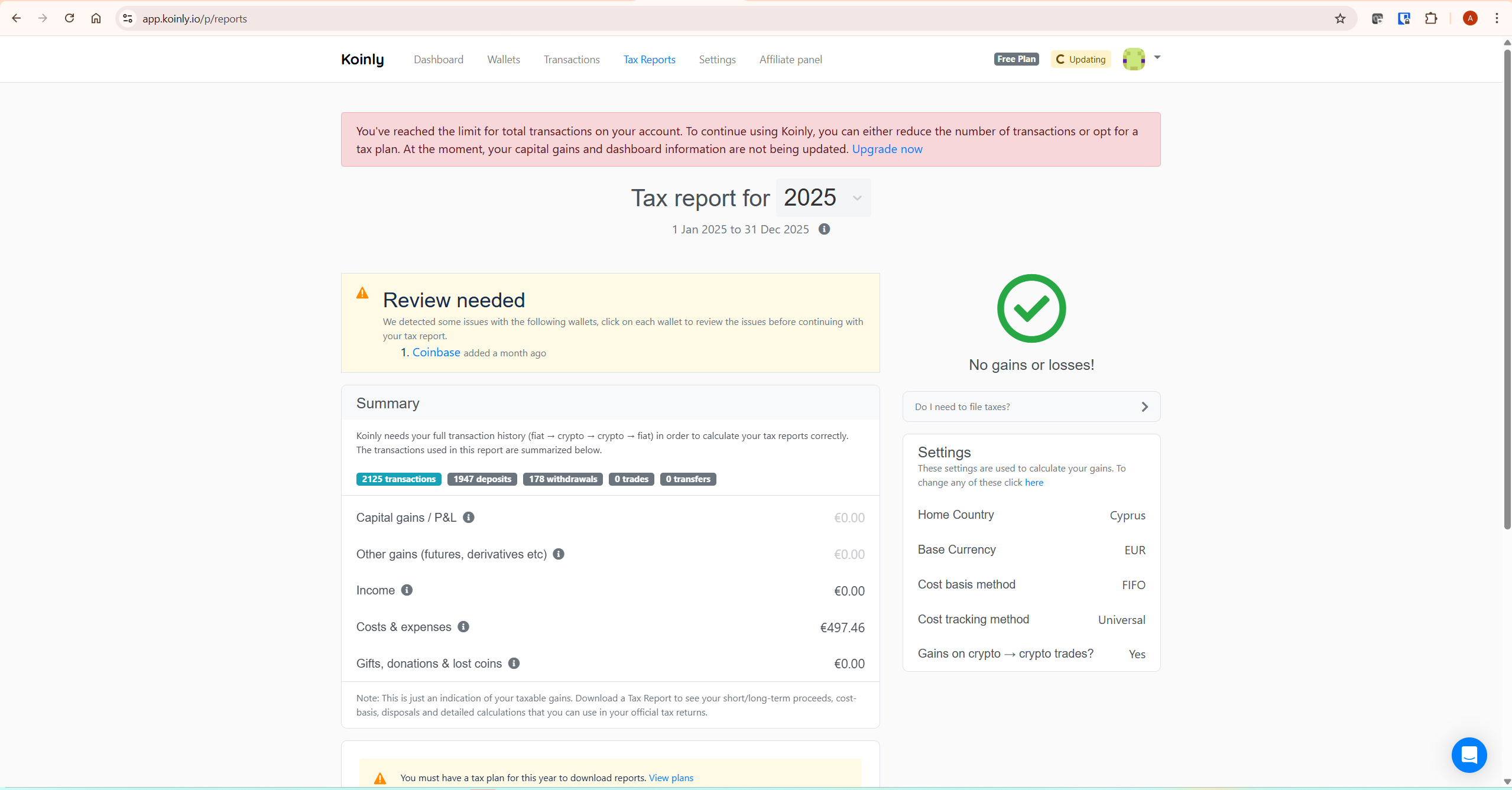Koinly tax reports page showing capital gains summary and transaction count for is Koinly worth it assessment