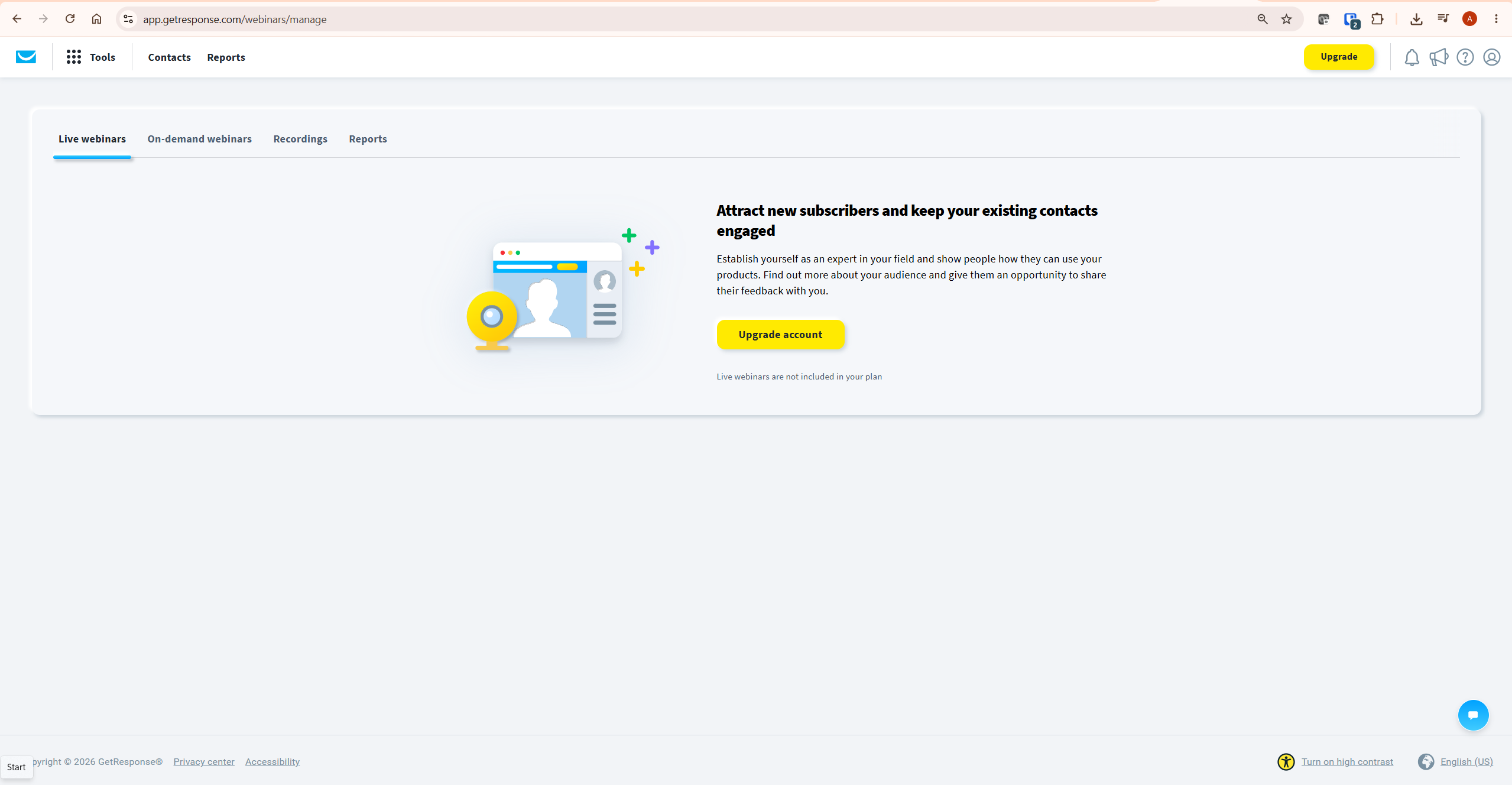 GetResponse webinars management screen showing Live webinars On-demand webinars Recordings and Reports tabs with upgrade prompt — getresponse webinars plan requirement