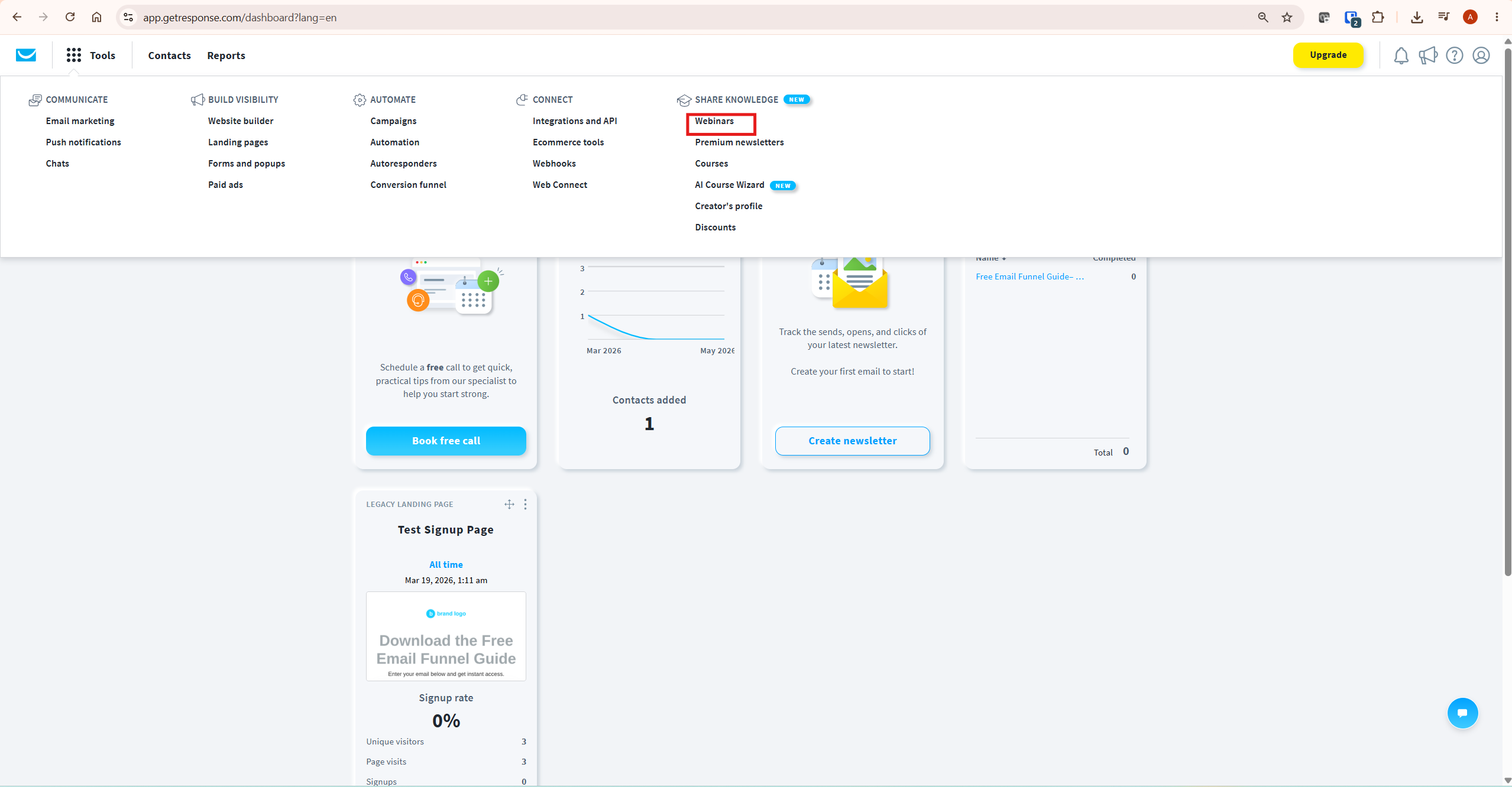 GetResponse Tools menu showing Webinars under Share Knowledge section alongside Premium newsletters Courses and AI Course Wizard — getresponse webinars navigation