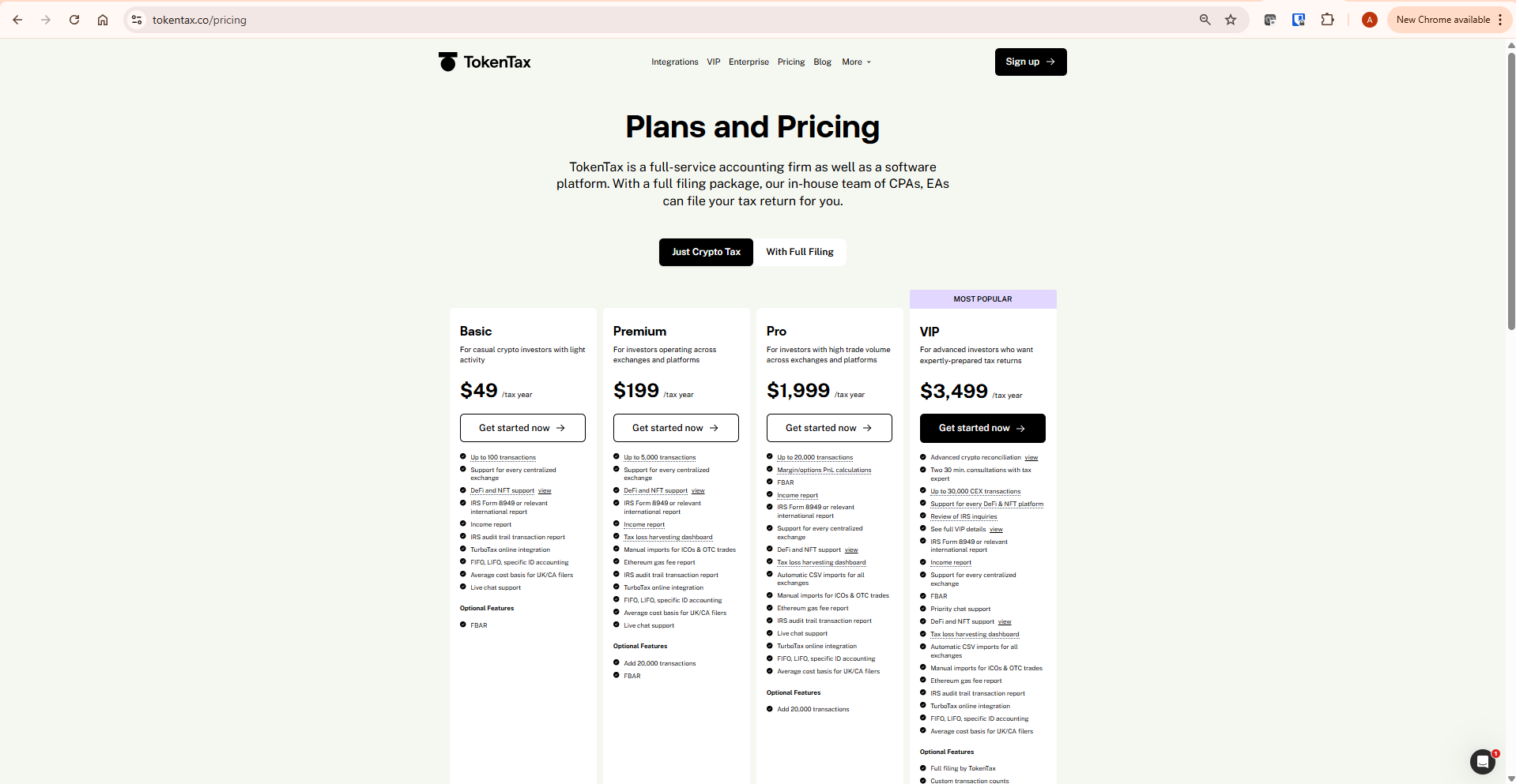 TokenTax pricing plans comparison in Koinly vs TokenTax review showing Basic, Premium, Pro and VIP costs