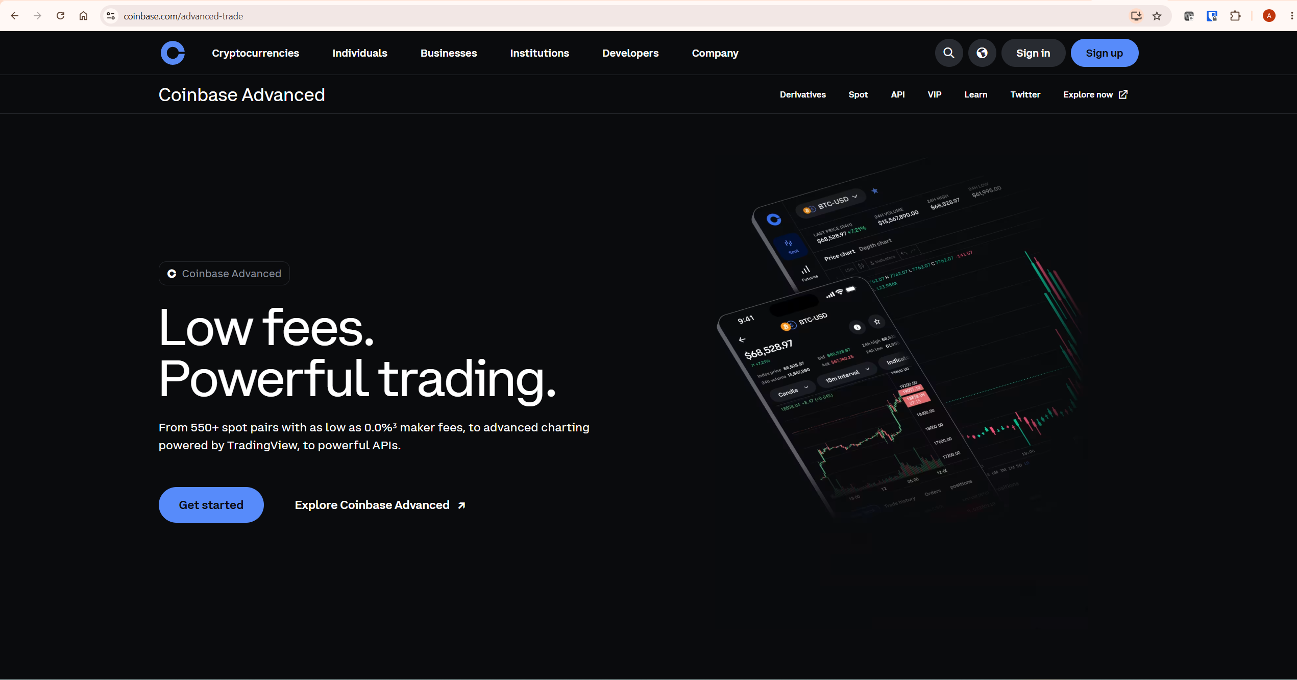 TradingView vs Coinbase Advanced page showing advanced charting powered by TradingView label