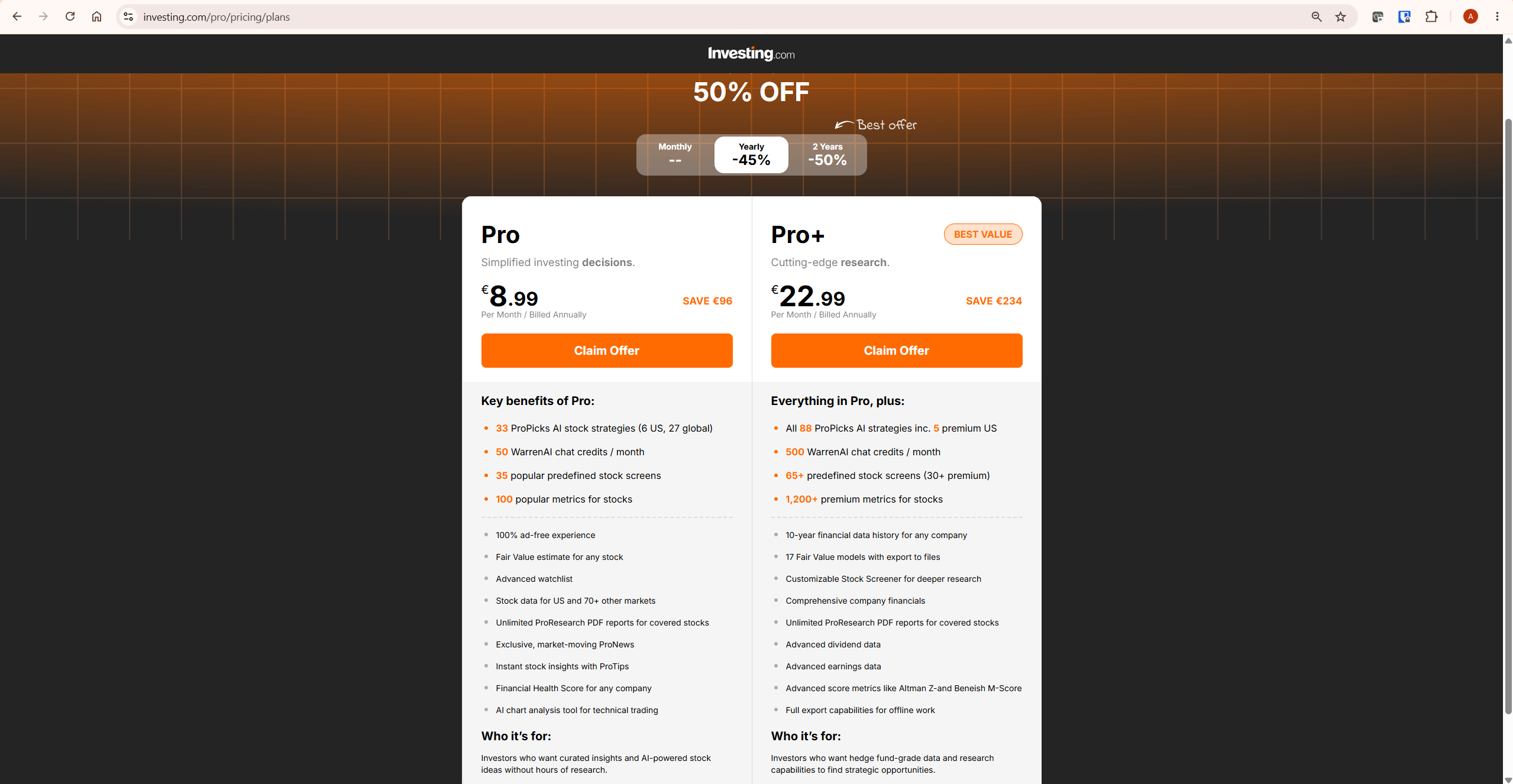 InvestingPro pricing plans 2026 showing Pro and Pro Plus plans billed annually