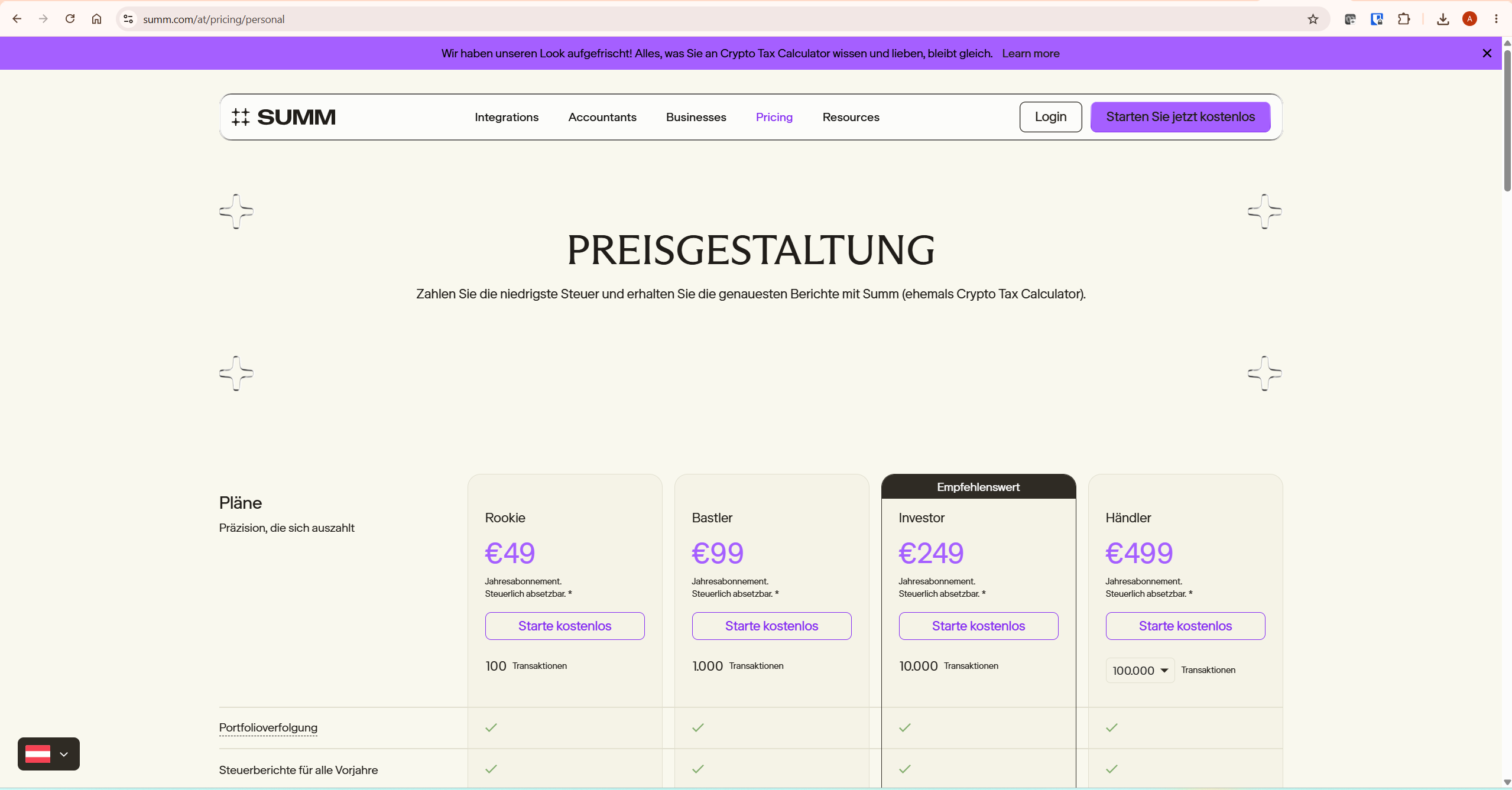 Summ CryptoTaxCalculator pricing plans showing Rookie, Hobbyist, Investor and Trader tiers for Koinly vs CryptoTaxCalculator comparison