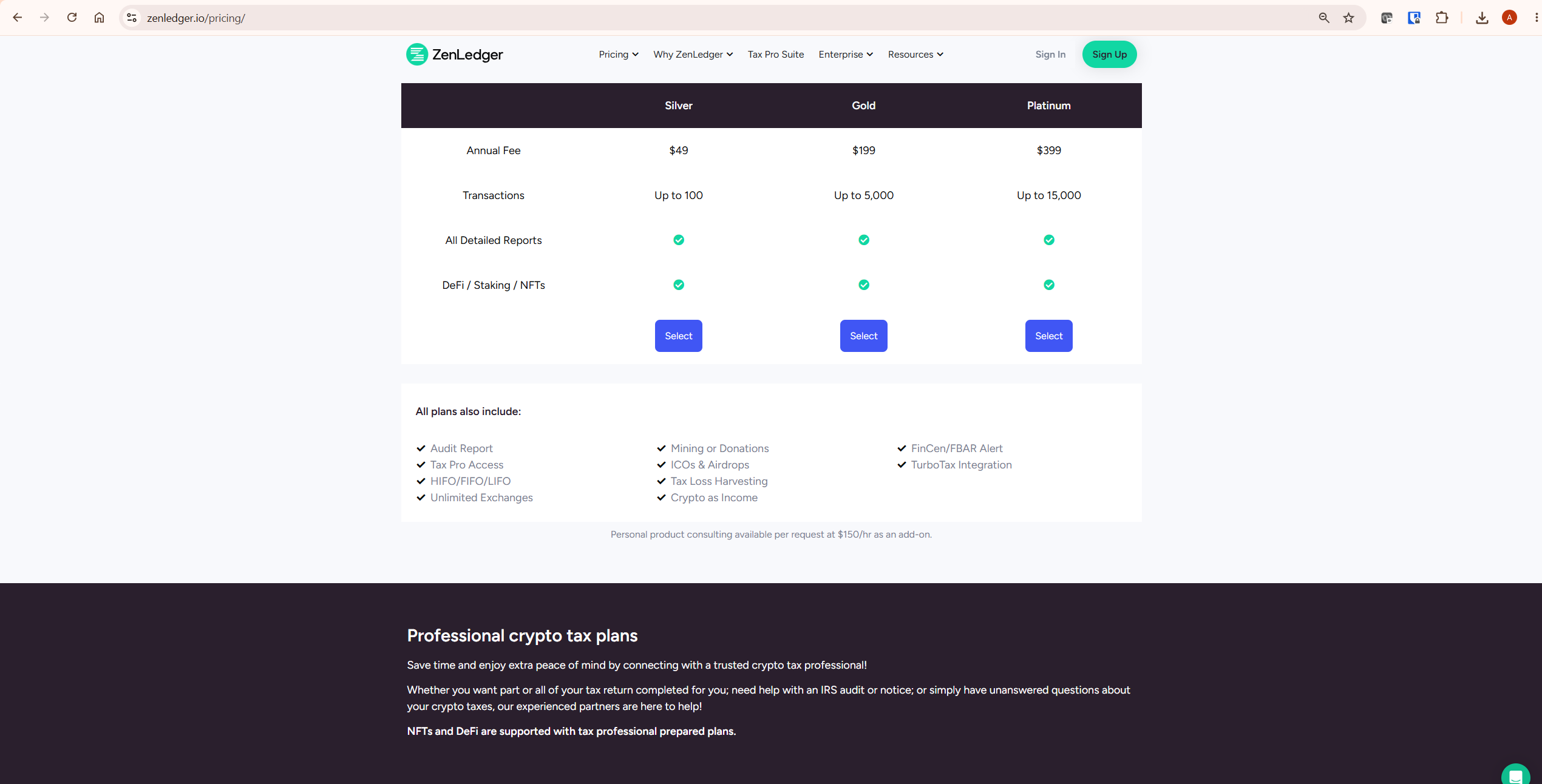 ZenLedger pricing plans showing Silver Gold and Platinum tiers for Koinly vs ZenLedger comparison