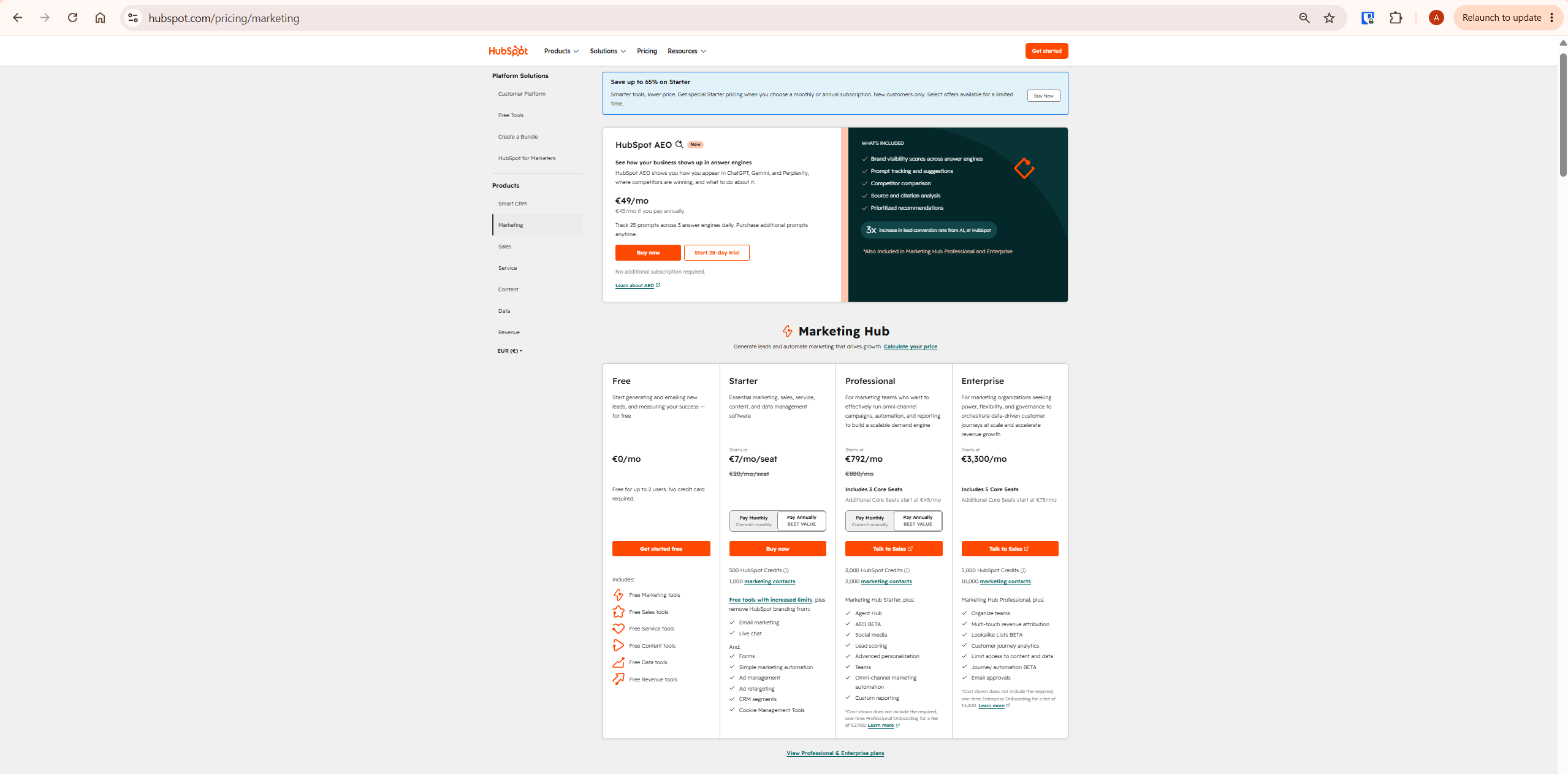 HubSpot Marketing Hub pricing page showing Free Starter Professional and Enterprise plans — getresponse vs hubspot pricing comparison