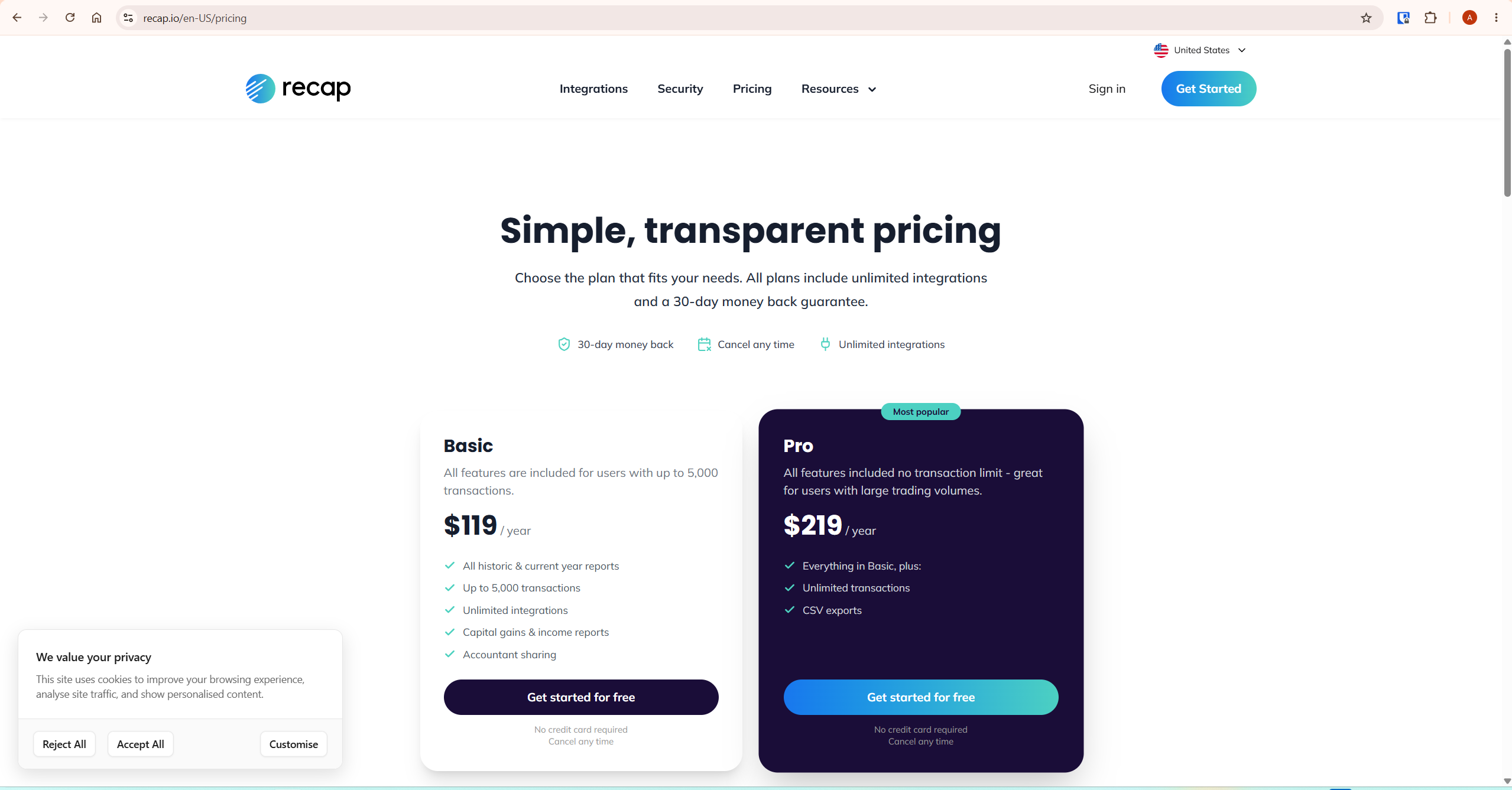 Recap pricing plans showing Basic and Pro tiers for Koinly vs Recap comparison