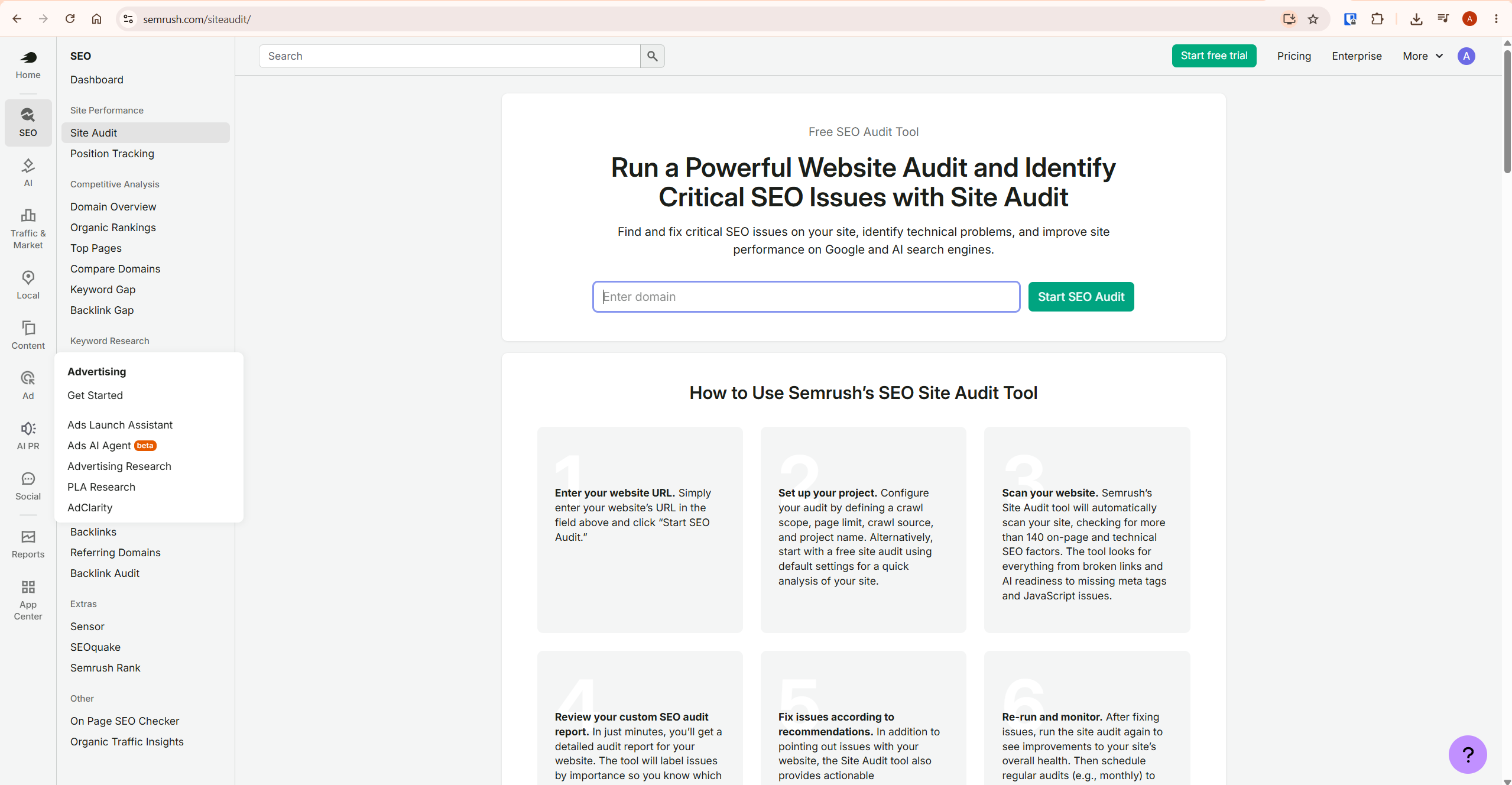 Semrush review — Site Audit setup showing domain configuration and crawl settings